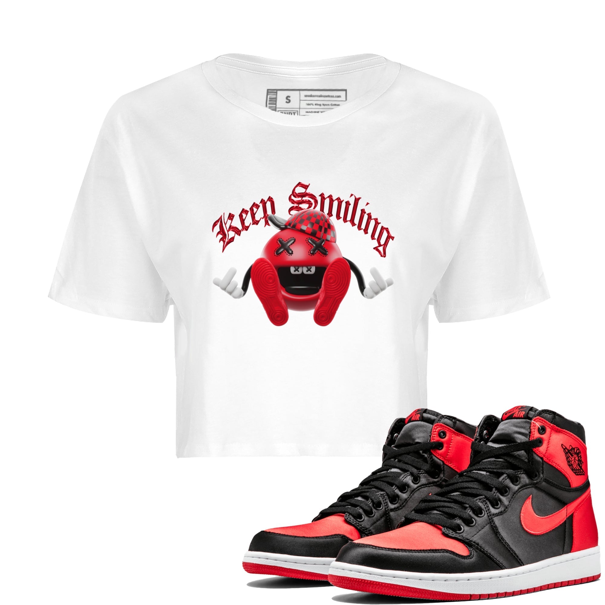 Air Jordan 1 Satin Bred Sneaker Match Tees Keep Smiling Sneaker Tees AJ1 Satin Bred Sneaker Release Tees Women's Shirts White 1