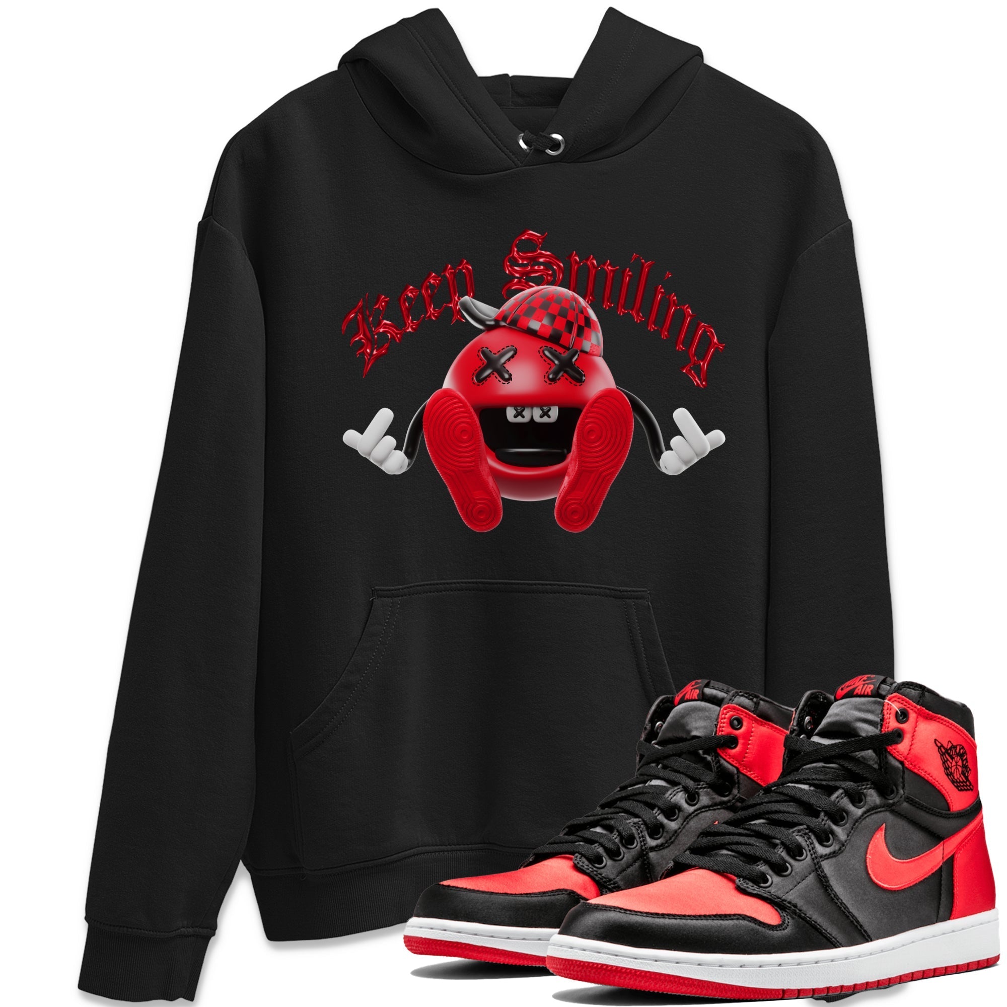 Air Jordan 1 Satin Bred Sneaker Match Tees Keep Smiling Sneaker Tees AJ1 Satin Bred Sneaker Release Tees Unisex Shirts Black 1
