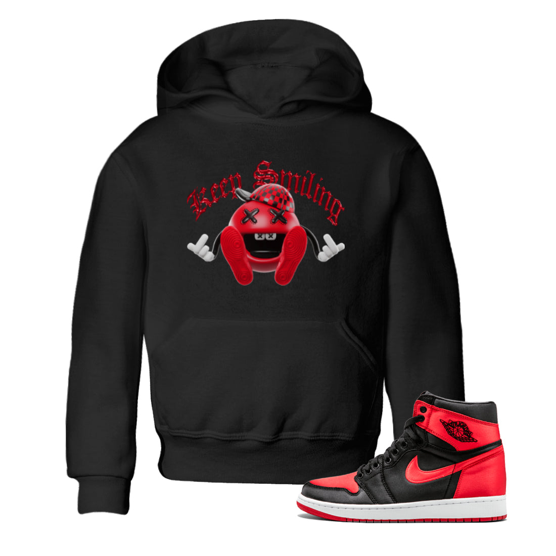 Air Jordan 1 Satin Bred Sneaker Match Tees Keep Smiling Sneaker Tees AJ1 Satin Bred Sneaker Release Tees Kids Shirts Black 1