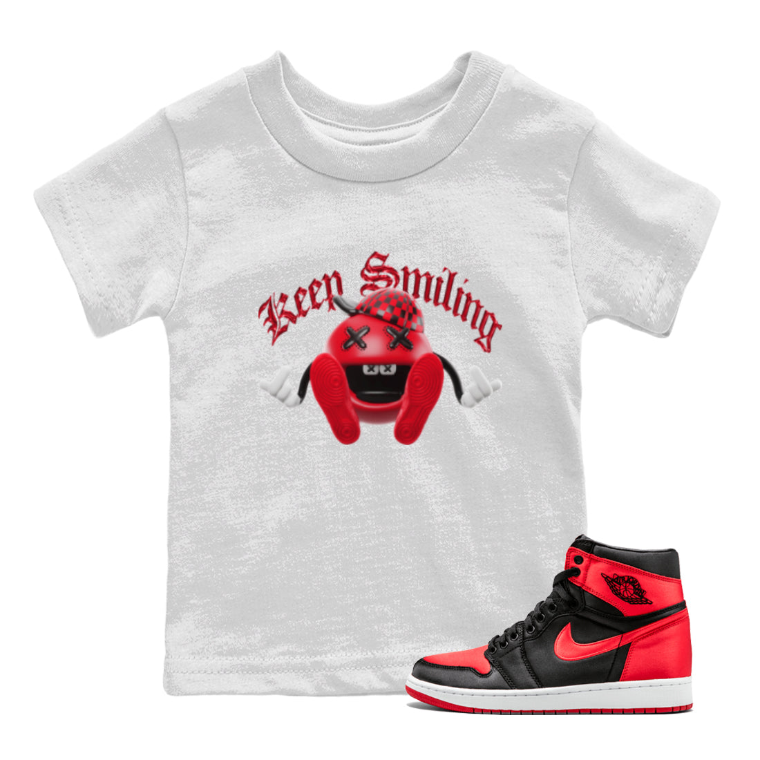 Air Jordan 1 Satin Bred Sneaker Match Tees Keep Smiling Sneaker Tees AJ1 Satin Bred Sneaker Release Tees Kids Shirts White 1