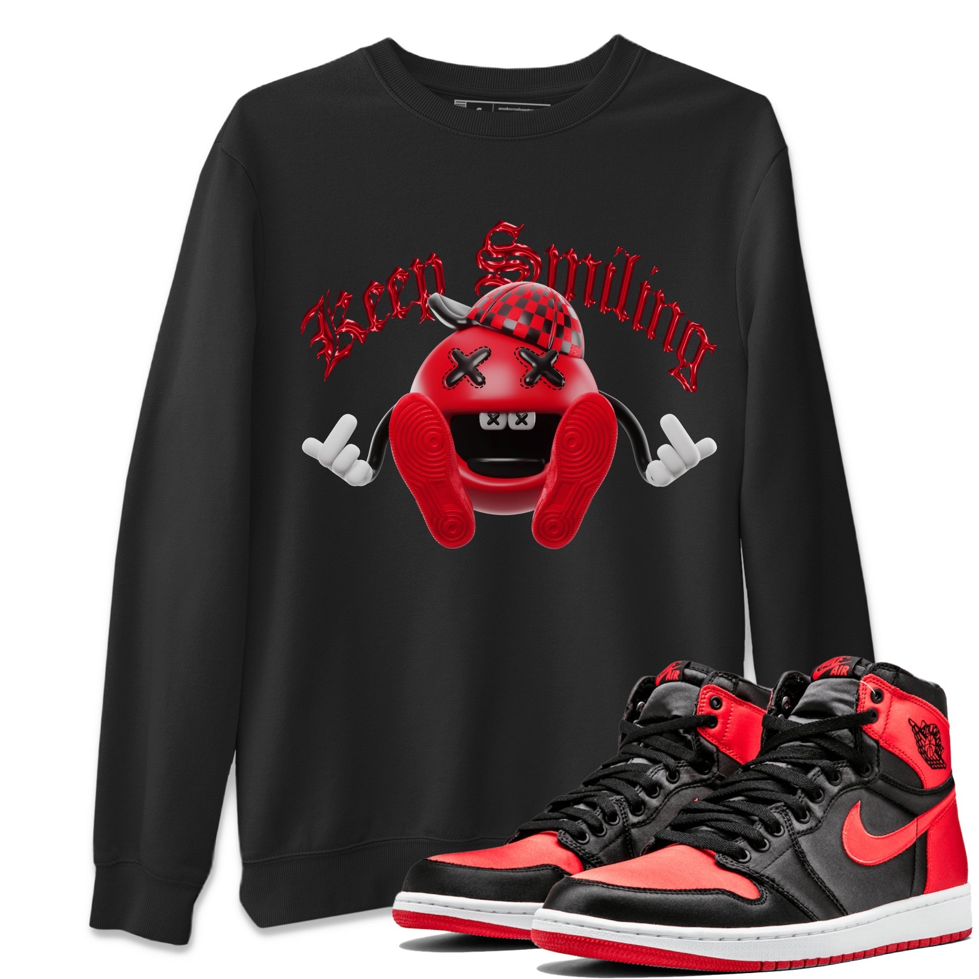Air Jordan 1 Satin Bred Sneaker Match Tees Keep Smiling Sneaker Tees AJ1 Satin Bred Sneaker Release Tees Unisex Shirts Black 1