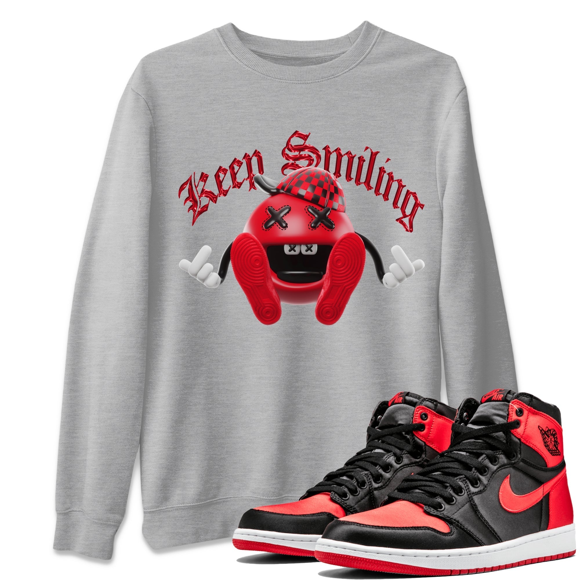 Air Jordan 1 Satin Bred Sneaker Match Tees Keep Smiling Sneaker Tees AJ1 Satin Bred Sneaker Release Tees Unisex Shirts Heather Grey 1