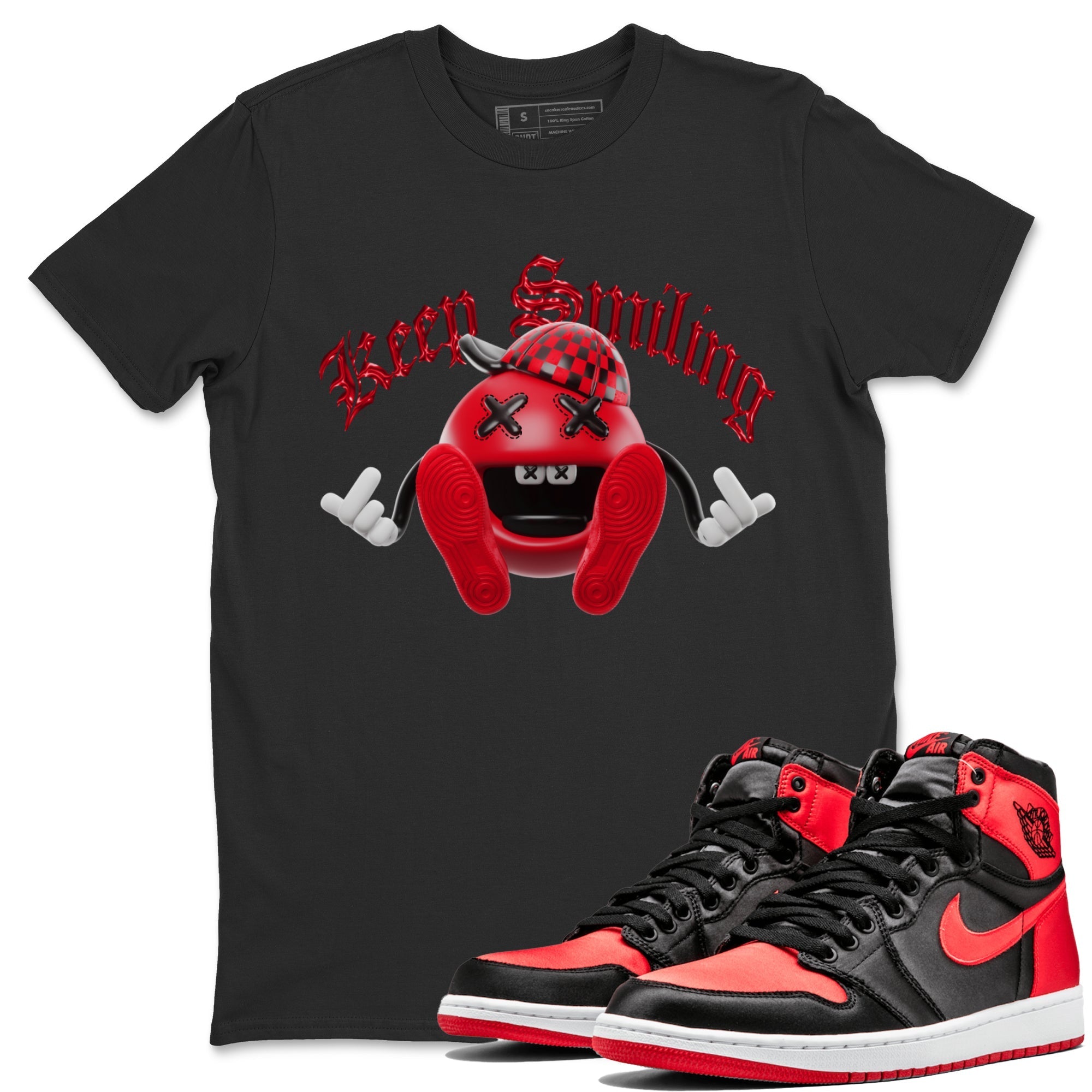 Air Jordan 1 Satin Bred Sneaker Match Tees Keep Smiling Sneaker Tees AJ1 Satin Bred Sneaker Release Tees Unisex Shirts Black 1