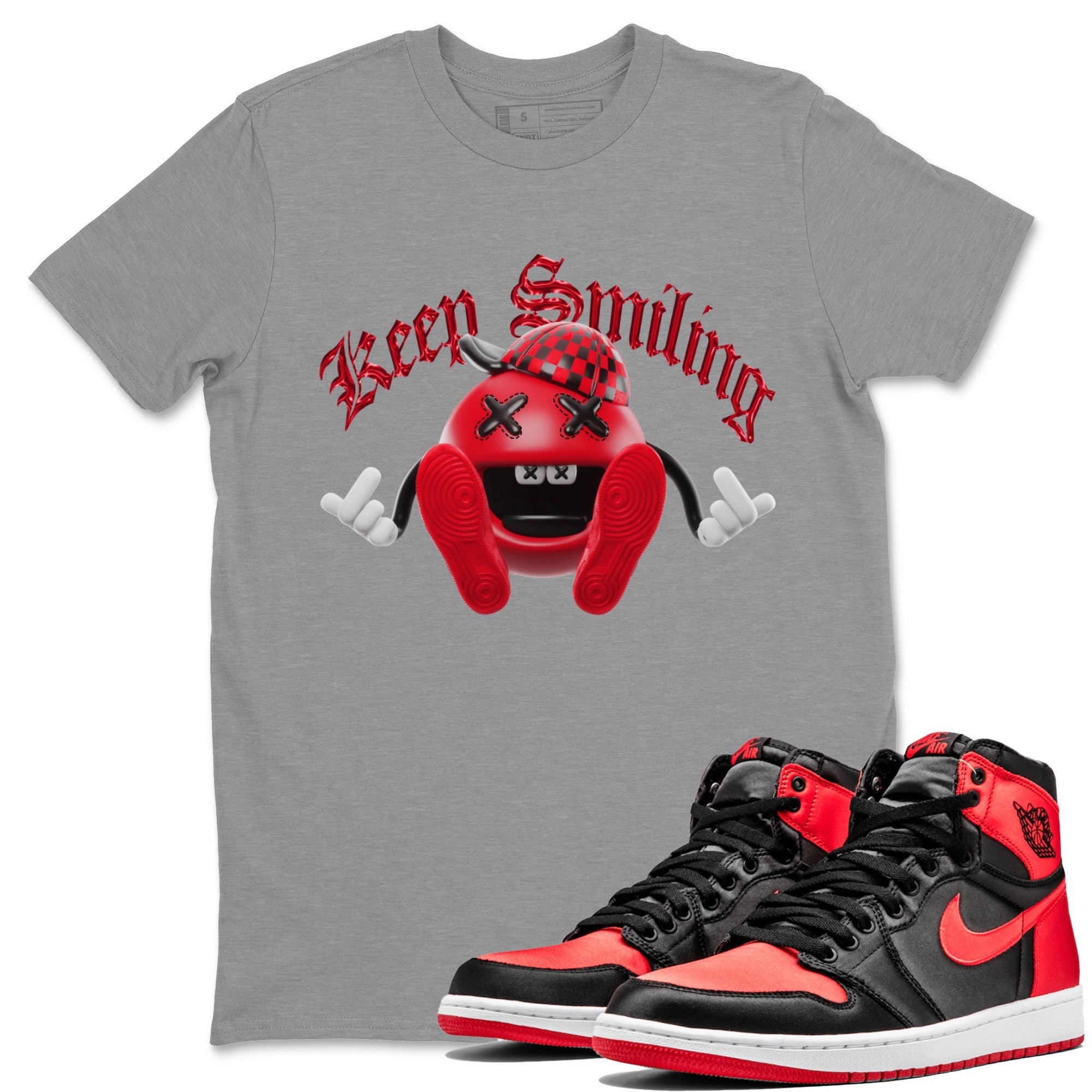 Air Jordan 1 Satin Bred Sneaker Match Tees Keep Smiling Sneaker Tees AJ1 Satin Bred Sneaker Release Tees Unisex Shirts Heather Grey 1