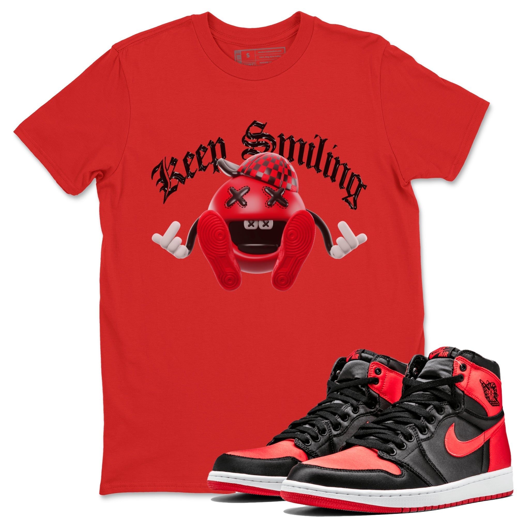 Air Jordan 1 Satin Bred Sneaker Match Tees Keep Smiling Sneaker Tees AJ1 Satin Bred Sneaker Release Tees Unisex Shirts Red 1