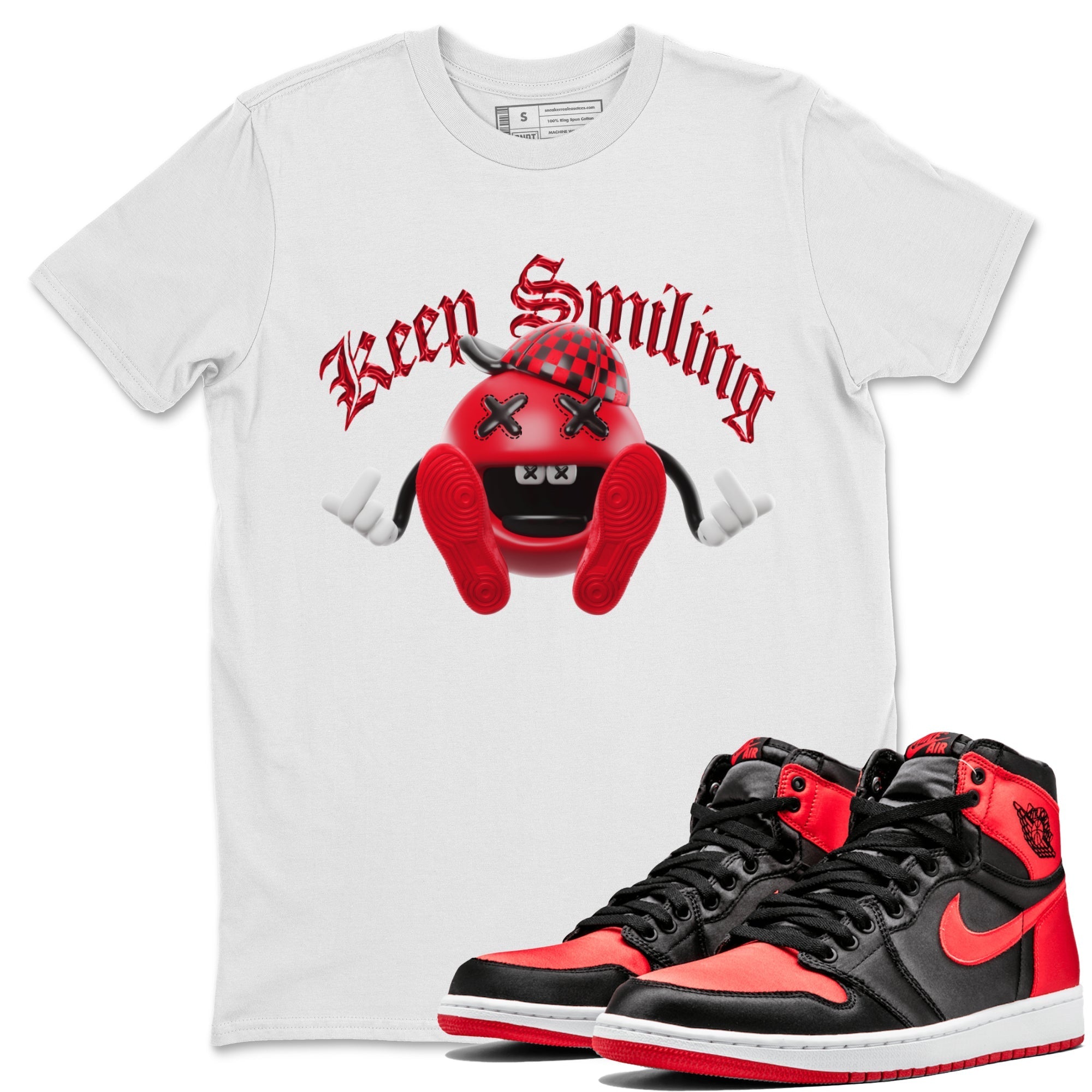 Air Jordan 1 Satin Bred Sneaker Match Tees Keep Smiling Sneaker Tees AJ1 Satin Bred Sneaker Release Tees Unisex Shirts White 1