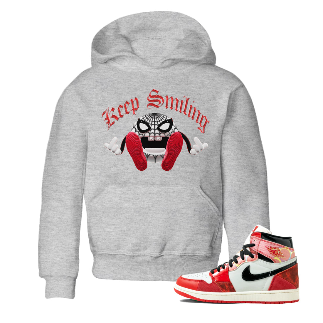 Air Jordan 1 Spider Man Sneaker Tees Drip Gear Zone Keep Smiling Sneaker Tees AJ1 Spider Man Shirt Kids Shirts Heather Grey 1