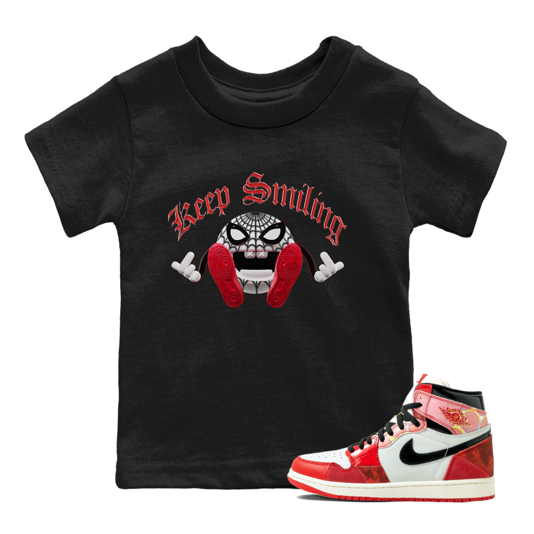 Air Jordan 1 Spider Man Sneaker Tees Drip Gear Zone Keep Smiling Sneaker Tees AJ1 Spider Man Shirt Kids Shirts Black 1