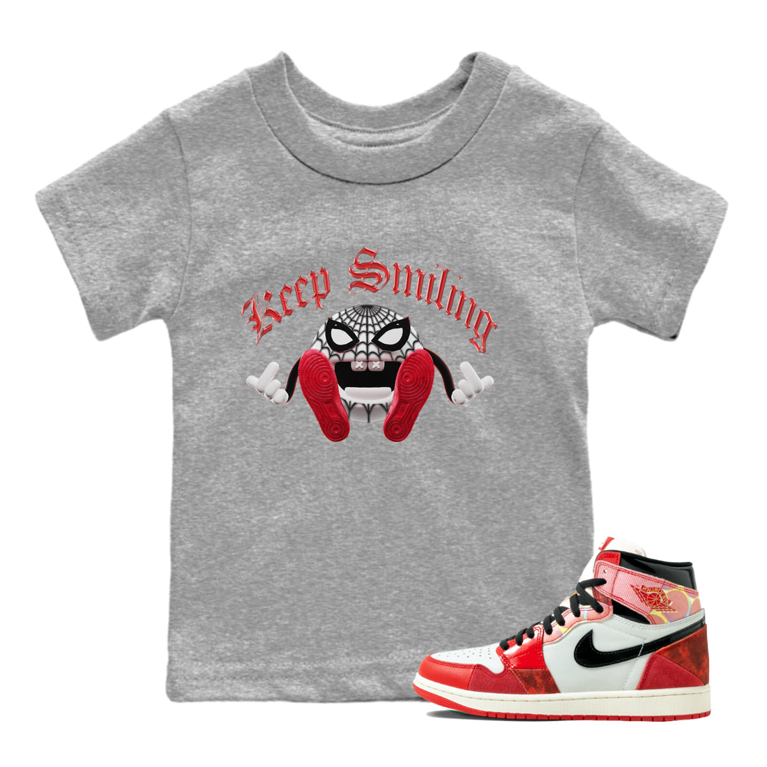 Air Jordan 1 Spider Man Sneaker Tees Drip Gear Zone Keep Smiling Sneaker Tees AJ1 Spider Man Shirt Kids Shirts Heather Grey 1