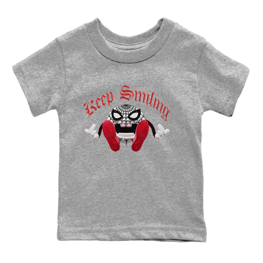 Air Jordan 1 Spider Man Sneaker Tees Drip Gear Zone Keep Smiling Sneaker Tees AJ1 Spider Man Shirt Kids Shirts Heather Grey 2