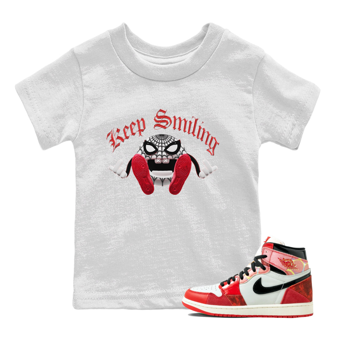 Air Jordan 1 Spider Man Sneaker Tees Drip Gear Zone Keep Smiling Sneaker Tees AJ1 Spider Man Shirt Kids Shirts White 1