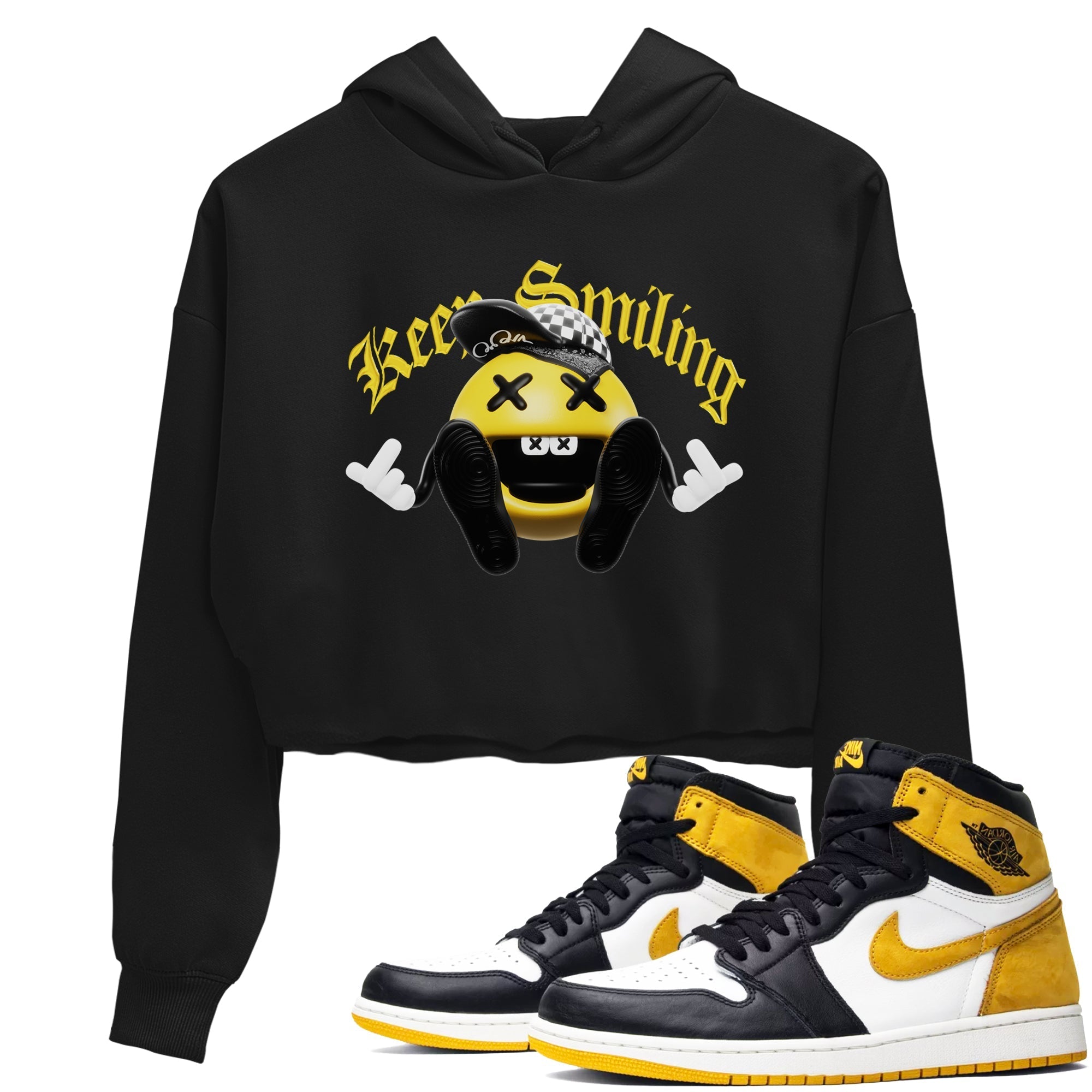 1s Yellow Ochre shirt to match jordans Keep Smiling sneaker tees streetwear brand Air Jordan 1 Yellow Ochre Drip Gear Zone Brand Black 1 crop length shirt