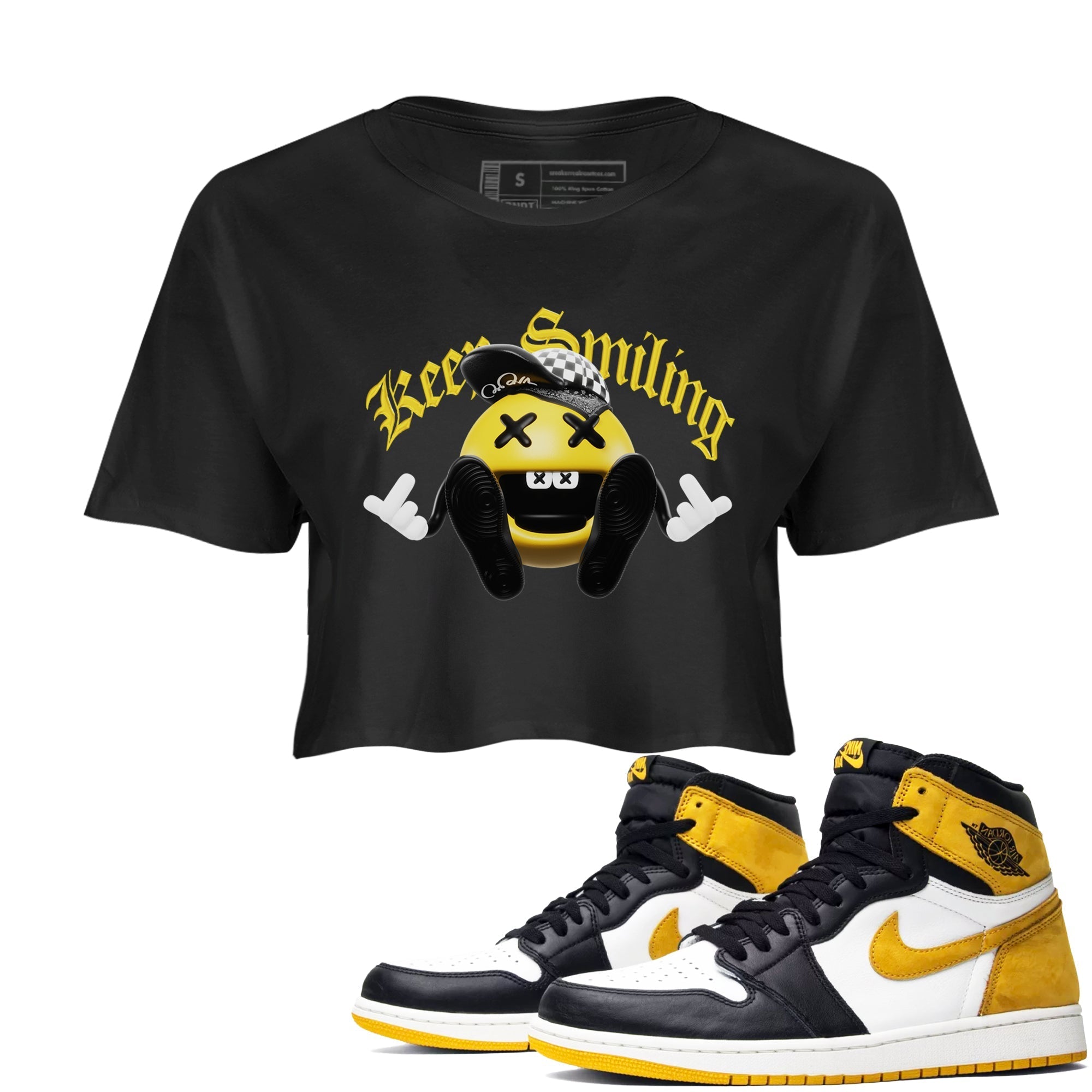 1s Yellow Ochre shirt to match jordans Keep Smiling sneaker tees streetwear brand Air Jordan 1 Yellow Ochre Drip Gear Zone Brand Black 1 crop length shirt