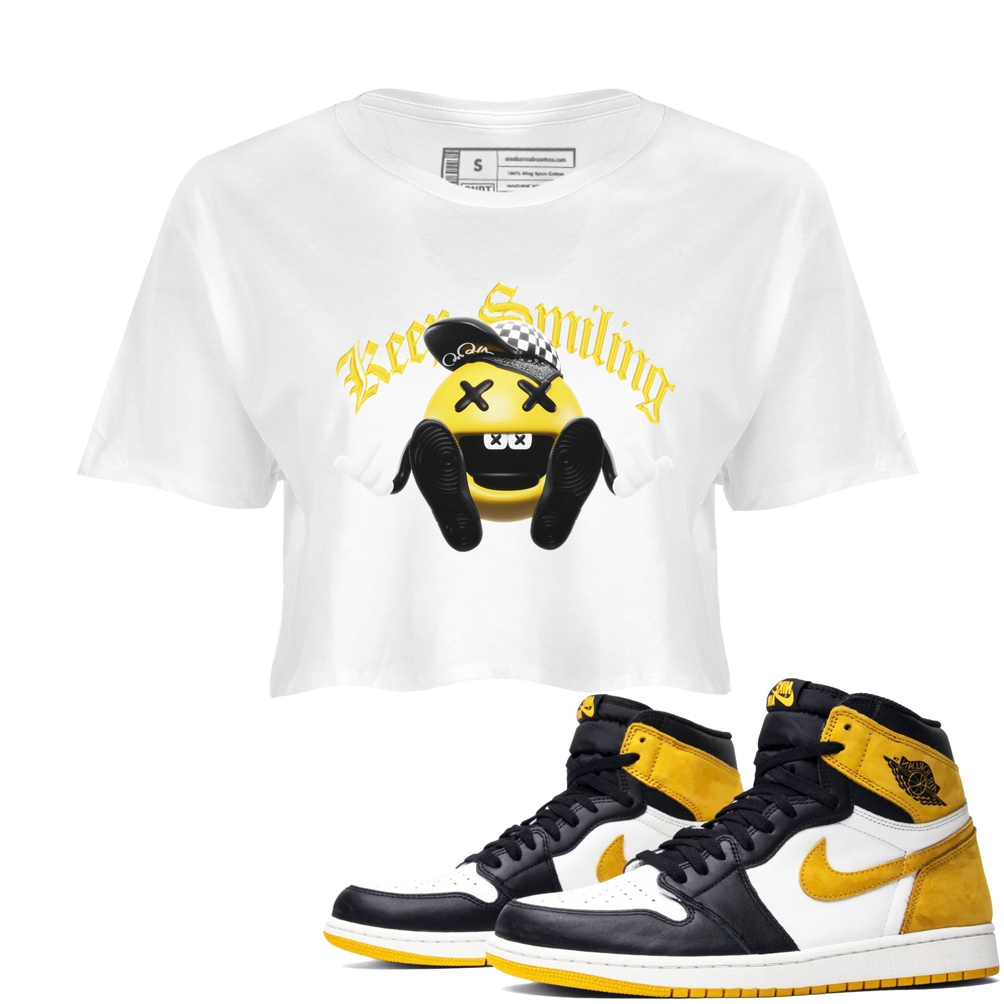 1s Yellow Ochre shirt to match jordans Keep Smiling sneaker tees streetwear brand Air Jordan 1 Yellow Ochre Drip Gear Zone Brand White 1 crop length shirt