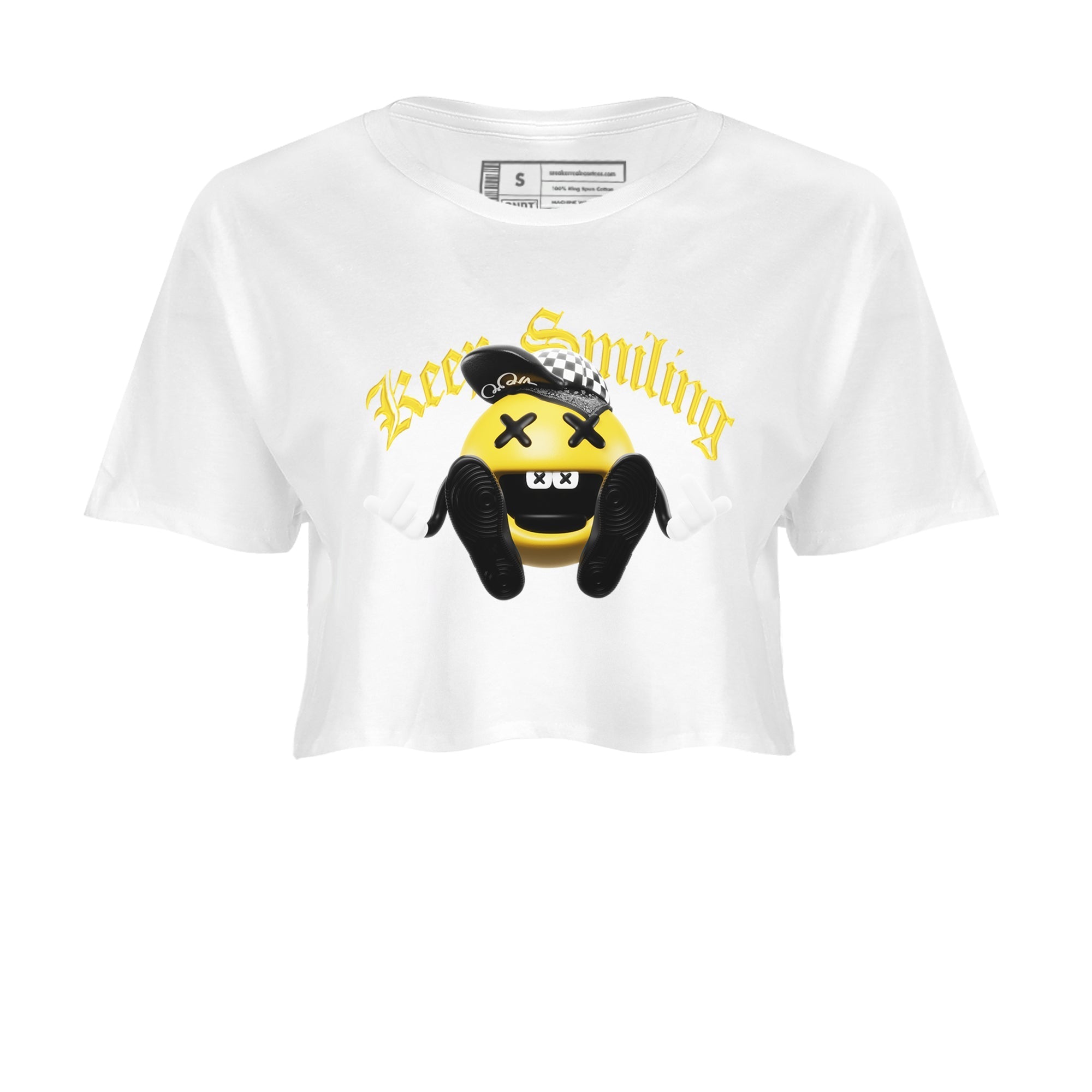 1s Yellow Ochre shirt to match jordans Keep Smiling sneaker tees streetwear brand Air Jordan 1 Yellow Ochre Drip Gear Zone Brand White 2 crop length shirt