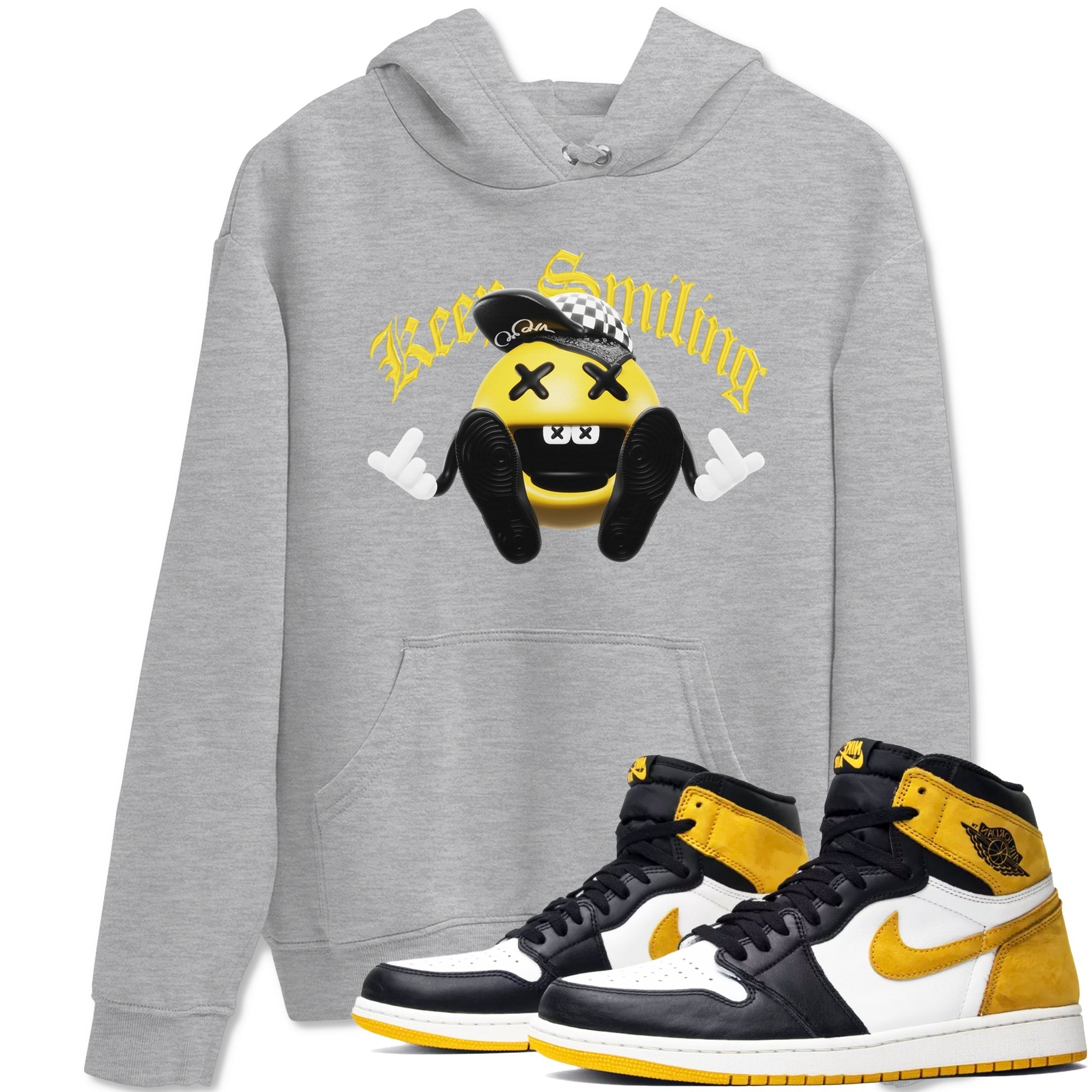1s Yellow Ochre shirt to match jordans Keep Smiling sneaker tees streetwear brand Air Jordan 1 Yellow Ochre Drip Gear Zone Brand unisex cotton Heather Grey 1 crew neck shirt