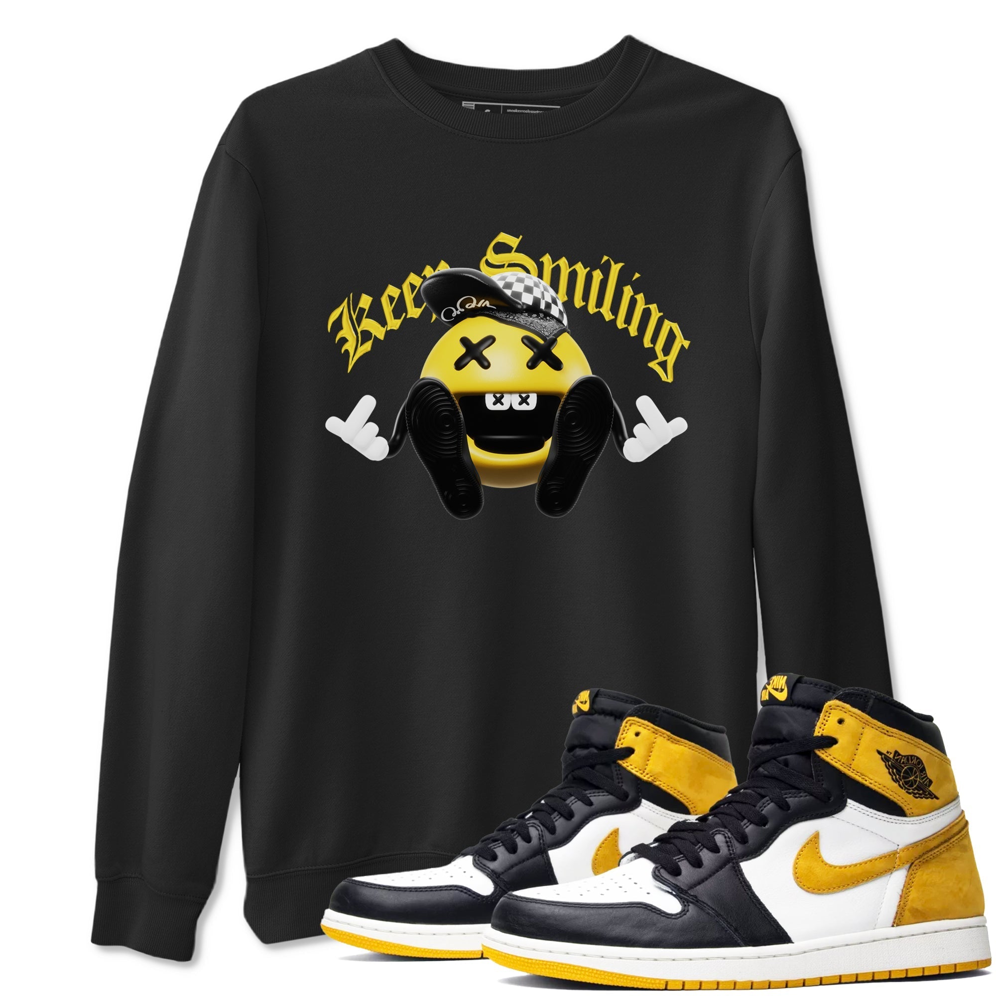 1s Yellow Ochre shirt to match jordans Keep Smiling sneaker tees streetwear brand Air Jordan 1 Yellow Ochre Drip Gear Zone Brand unisex cotton Black 1 crew neck shirt
