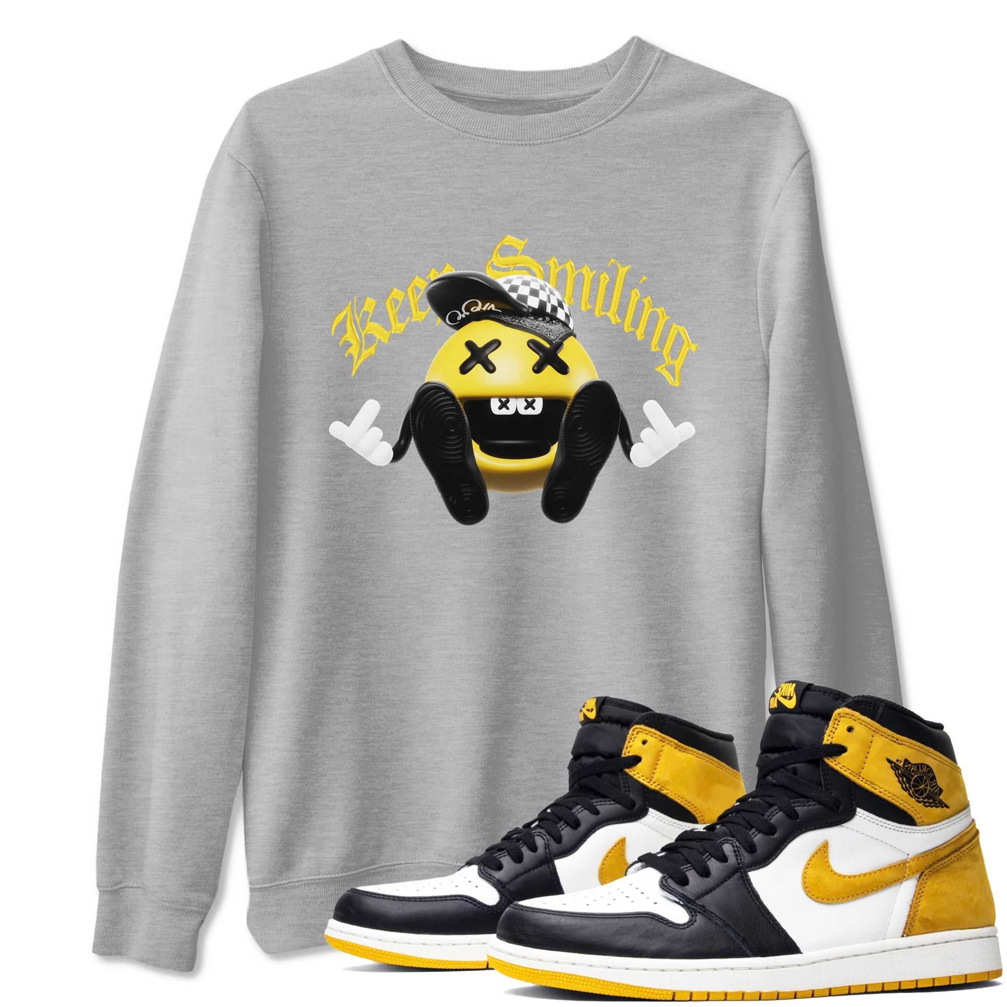 1s Yellow Ochre shirt to match jordans Keep Smiling sneaker tees streetwear brand Air Jordan 1 Yellow Ochre Drip Gear Zone Brand unisex cotton Heather Grey 1 crew neck shirt