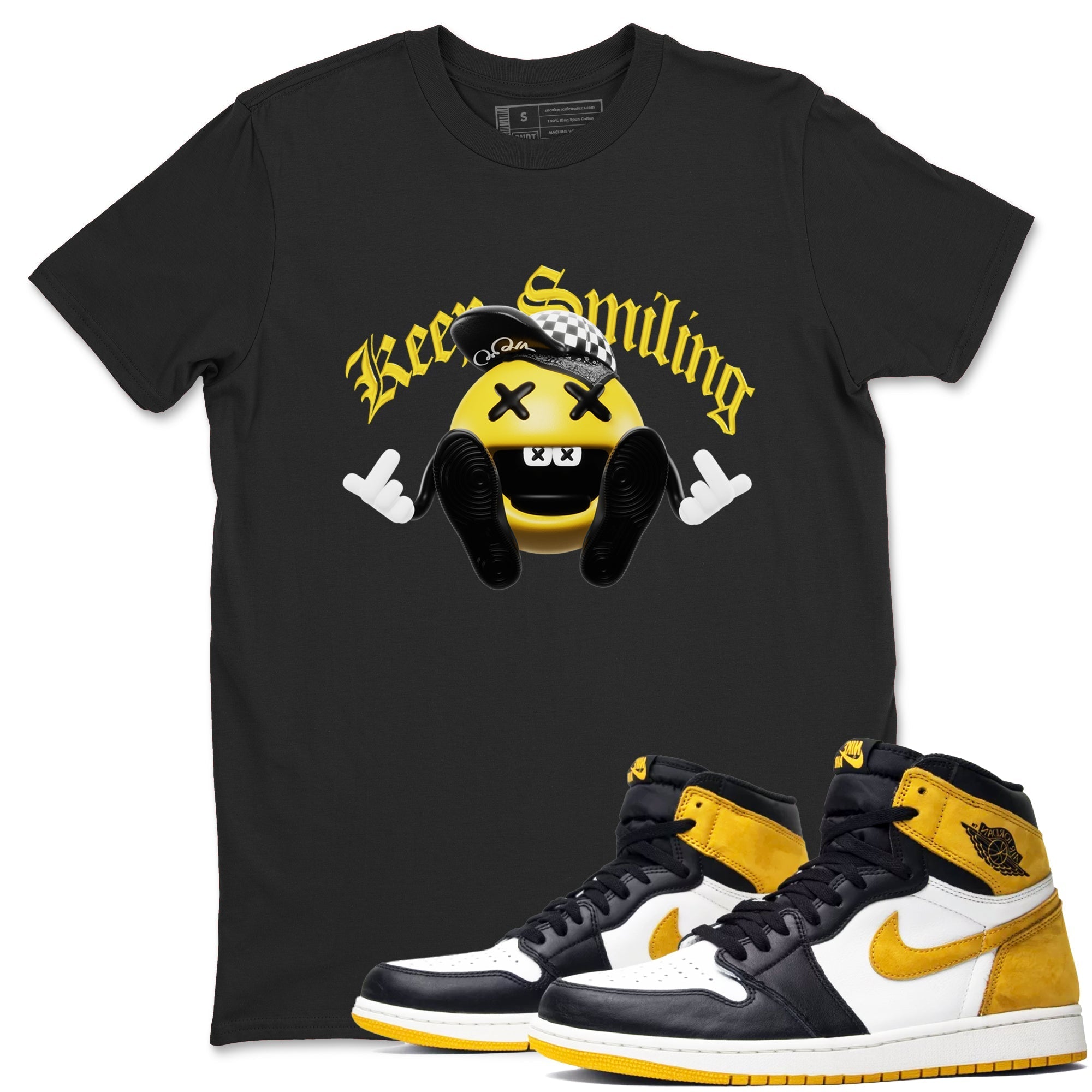 1s Yellow Ochre shirt to match jordans Keep Smiling sneaker tees streetwear brand Air Jordan 1 Yellow Ochre Drip Gear Zone Brand unisex cotton Black 1 crew neck shirt