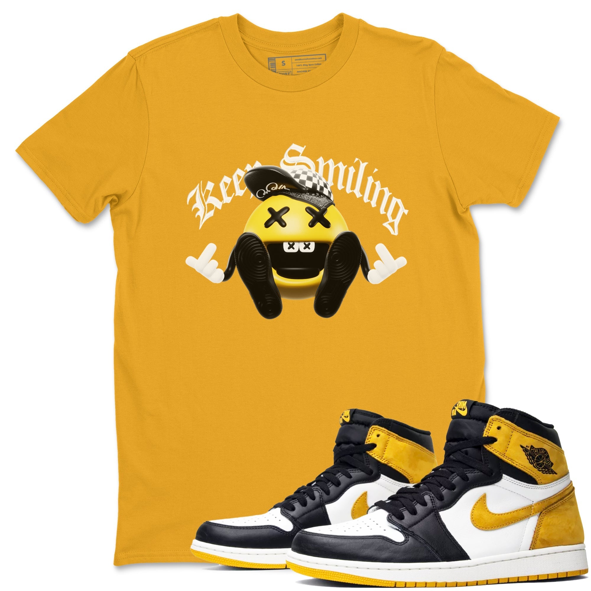 1s Yellow Ochre shirt to match jordans Keep Smiling sneaker tees streetwear brand Air Jordan 1 Yellow Ochre Drip Gear Zone Brand unisex cotton Gold 1 crew neck shirt
