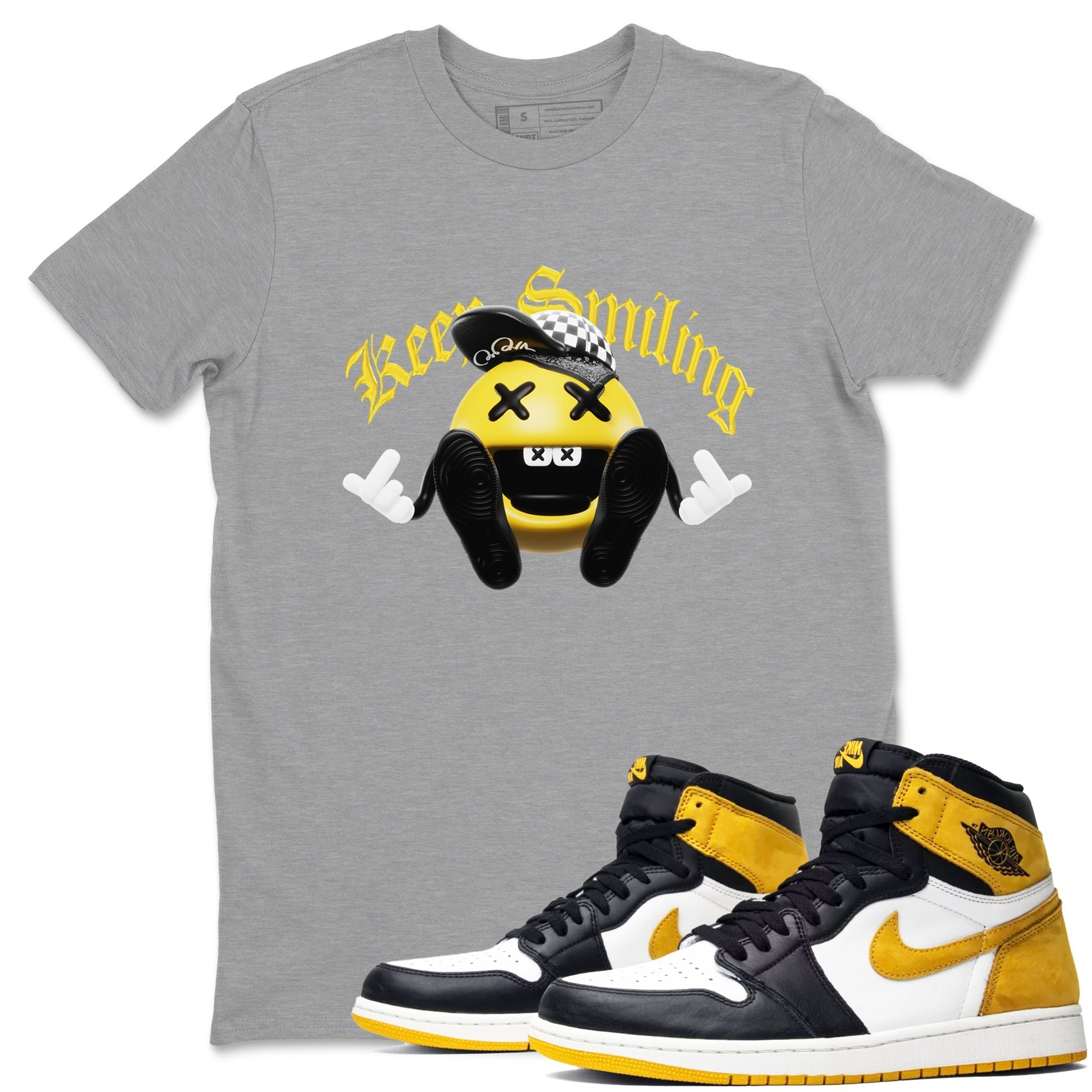 1s Yellow Ochre shirt to match jordans Keep Smiling sneaker tees streetwear brand Air Jordan 1 Yellow Ochre Drip Gear Zone Brand unisex cotton Heather Grey 1 crew neck shirt