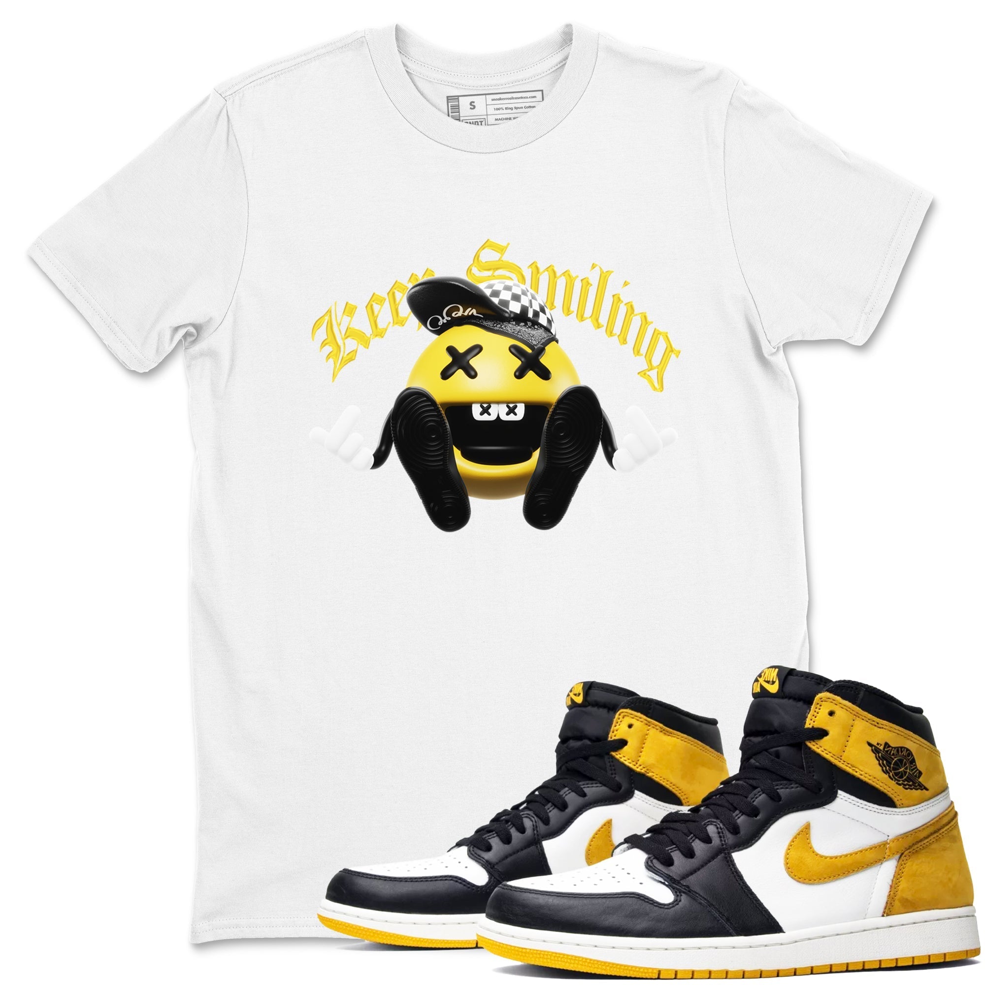 1s Yellow Ochre shirt to match jordans Keep Smiling sneaker tees streetwear brand Air Jordan 1 Yellow Ochre Drip Gear Zone Brand unisex cotton White 1 crew neck shirt