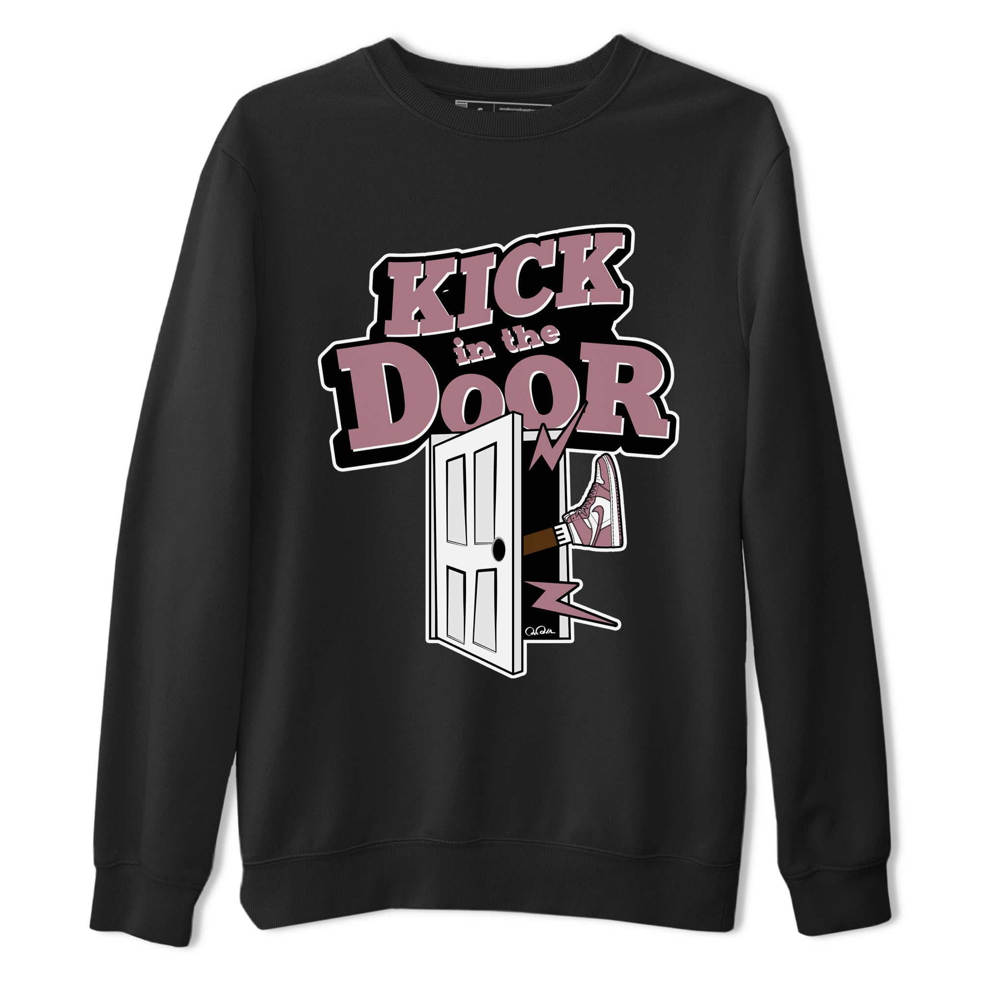 Air Jordan 1 Mauve shirt to match jordans Kick In The Door crew neck streetwear t-shirt AJ1Mauve Drip Gear Zone Unisex Black 2 Sneaker Matching Tee
