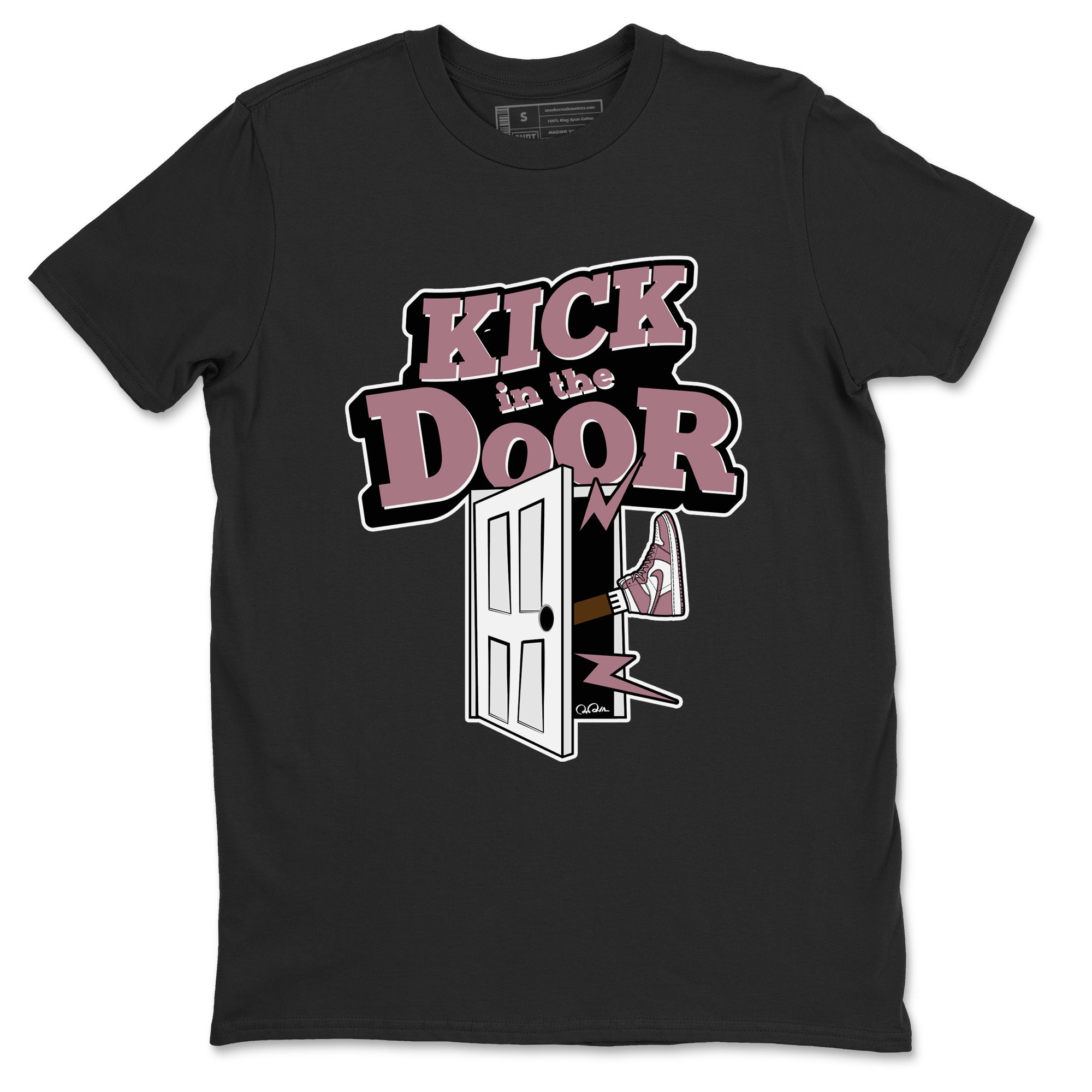 Air Jordan 1 Mauve shirt to match jordans Kick In The Door crew neck streetwear t-shirt AJ1Mauve Drip Gear Zone Unisex Black 2 Sneaker Matching Tee