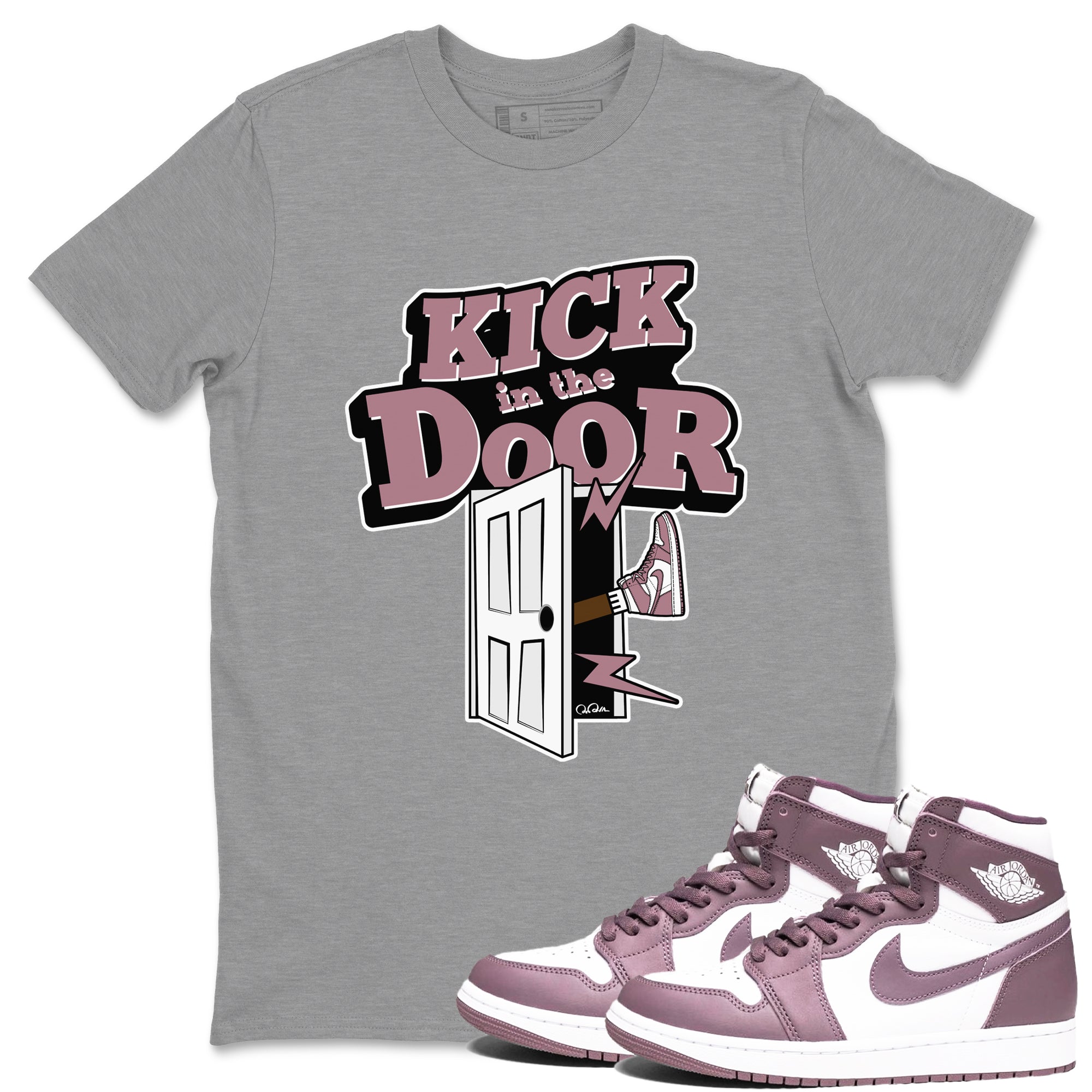 Air Jordan 1 Mauve shirt to match jordans Kick In The Door crew neck streetwear t-shirt AJ1Mauve Drip Gear Zone Unisex Heather Grey 1 Sneaker Matching Tee