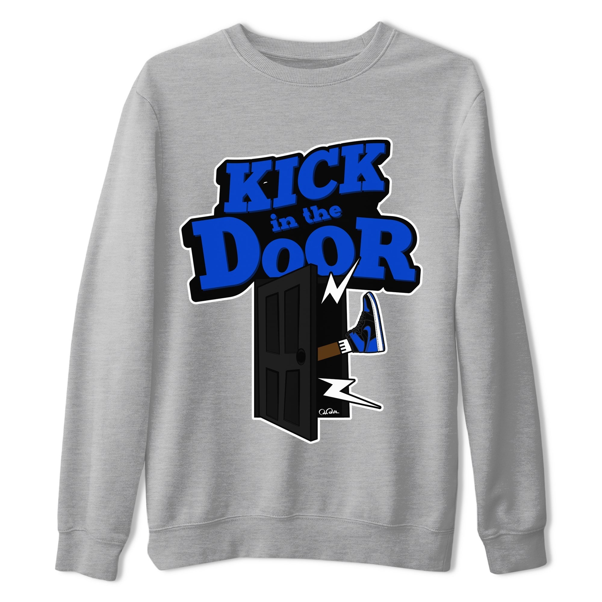 Air Jordan 1 Royal Reimagined shirt to match jordans Kick In The Door sneaker tees AJ1 OG HIGH Royal Reimagined Drip Gear Zone Unisex Sneaker Tees and Sneaker Match T-Shirt Heather Grey 2 T-Shirt