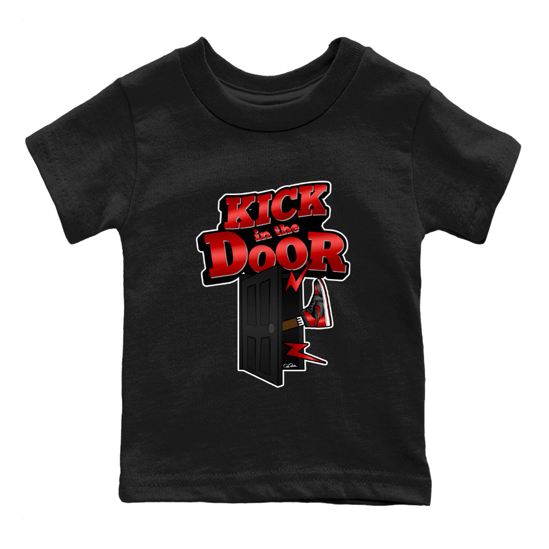 Air Jordan 1 Satin Bred Sneaker Match Tees Kick In The Door Streetwear Sneaker Shirt AJ1 Satin Bred Sneaker Release Tees Kids Shirts Black 2