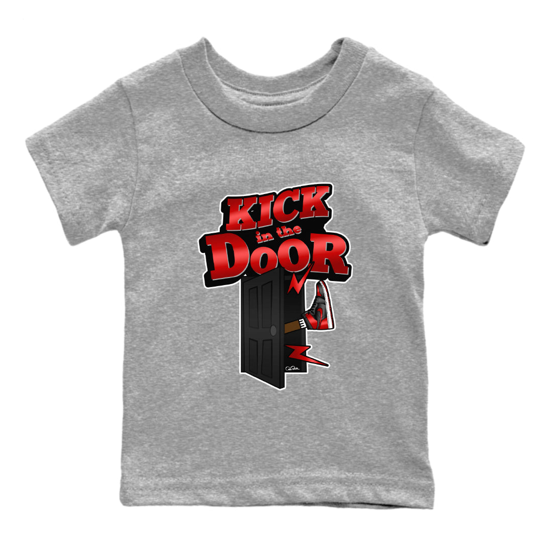 Air Jordan 1 Satin Bred Sneaker Match Tees Kick In The Door Streetwear Sneaker Shirt AJ1 Satin Bred Sneaker Release Tees Kids Shirts Heather Grey 2