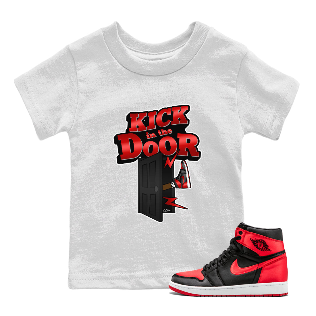 Air Jordan 1 Satin Bred Sneaker Match Tees Kick In The Door Streetwear Sneaker Shirt AJ1 Satin Bred Sneaker Release Tees Kids Shirts White 1