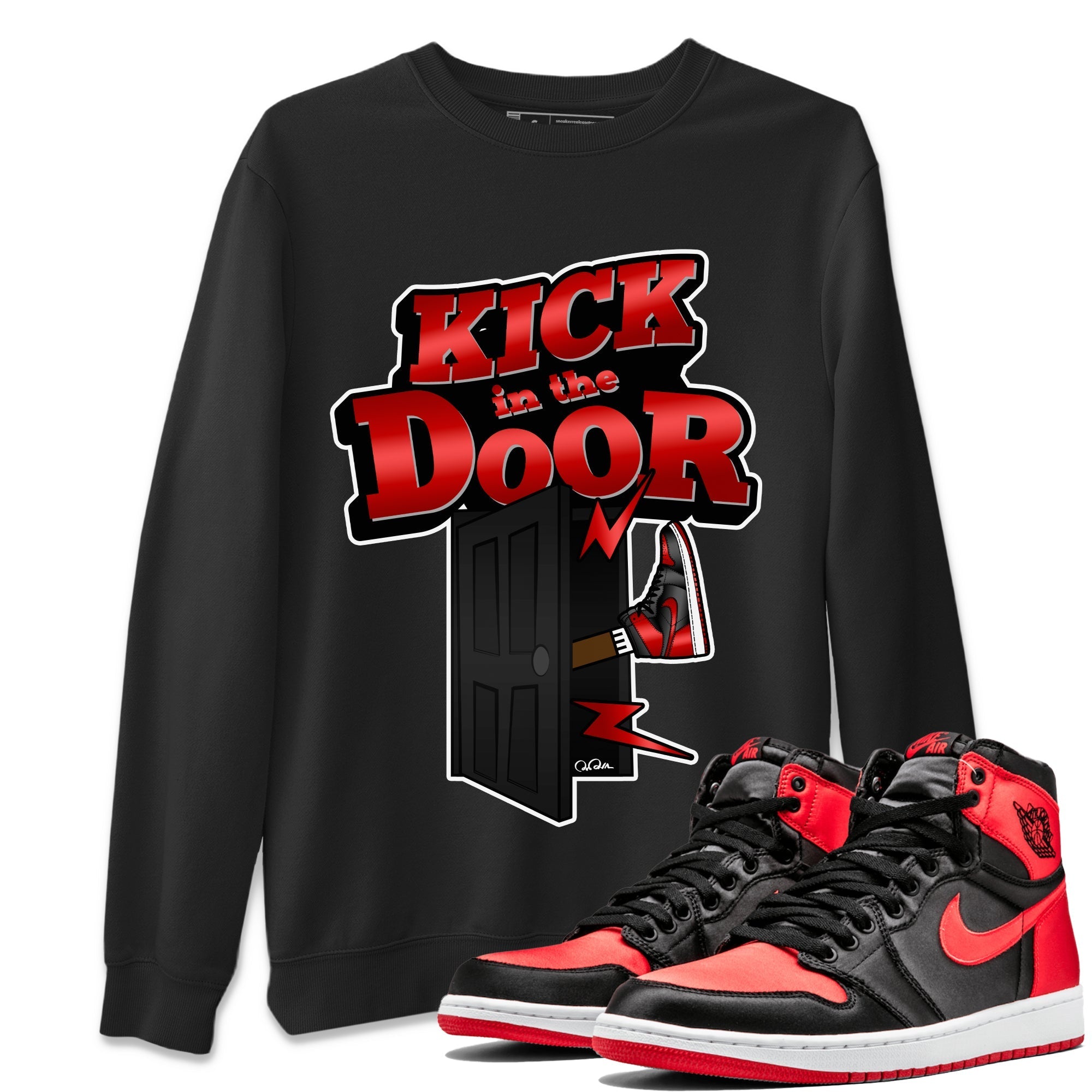 Air Jordan 1 Satin Bred Sneaker Match Tees Kick In The Door Streetwear Sneaker Shirt AJ1 Satin Bred Sneaker Release Tees Unisex Shirts Black 1