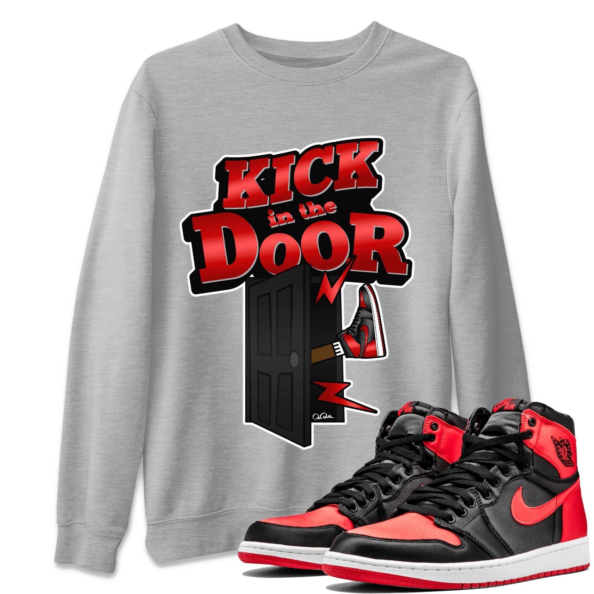 Air Jordan 1 Satin Bred Sneaker Match Tees Kick In The Door Streetwear Sneaker Shirt AJ1 Satin Bred Sneaker Release Tees Unisex Shirts Heather Grey 1