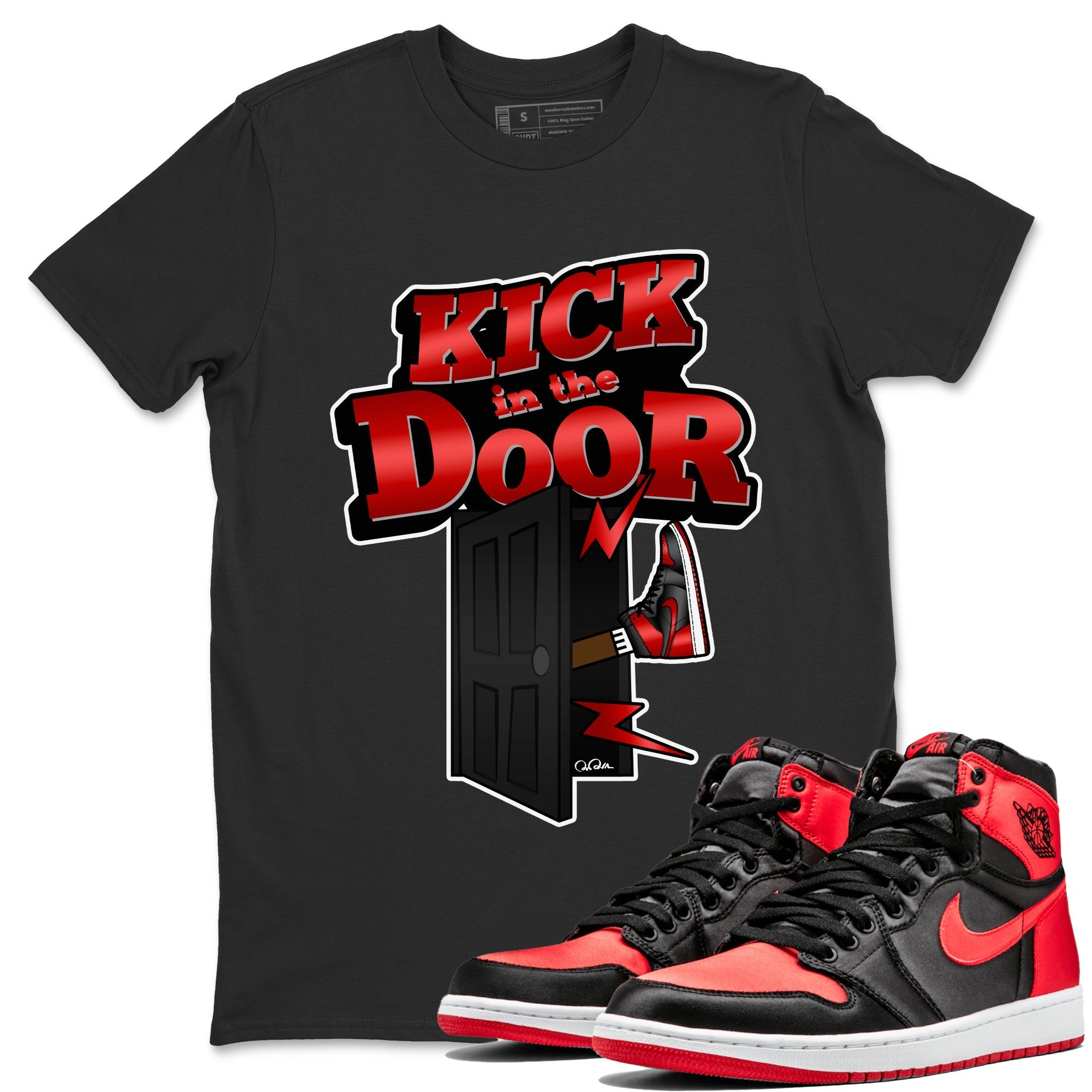 Air Jordan 1 Satin Bred Sneaker Match Tees Kick In The Door Streetwear Sneaker Shirt AJ1 Satin Bred Sneaker Release Tees Unisex Shirts Black 1