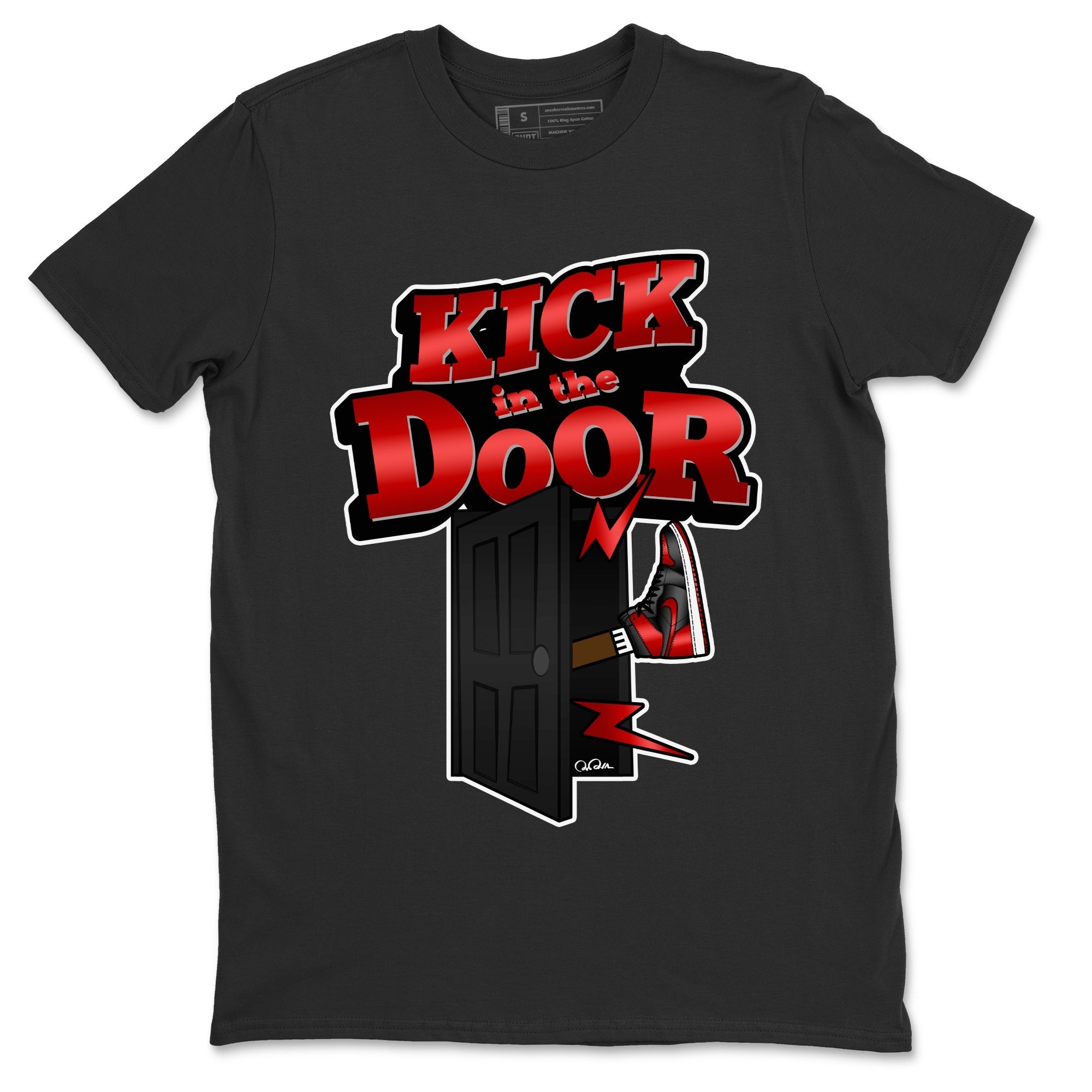 Air Jordan 1 Satin Bred Sneaker Match Tees Kick In The Door Streetwear Sneaker Shirt AJ1 Satin Bred Sneaker Release Tees Unisex Shirts Black 2