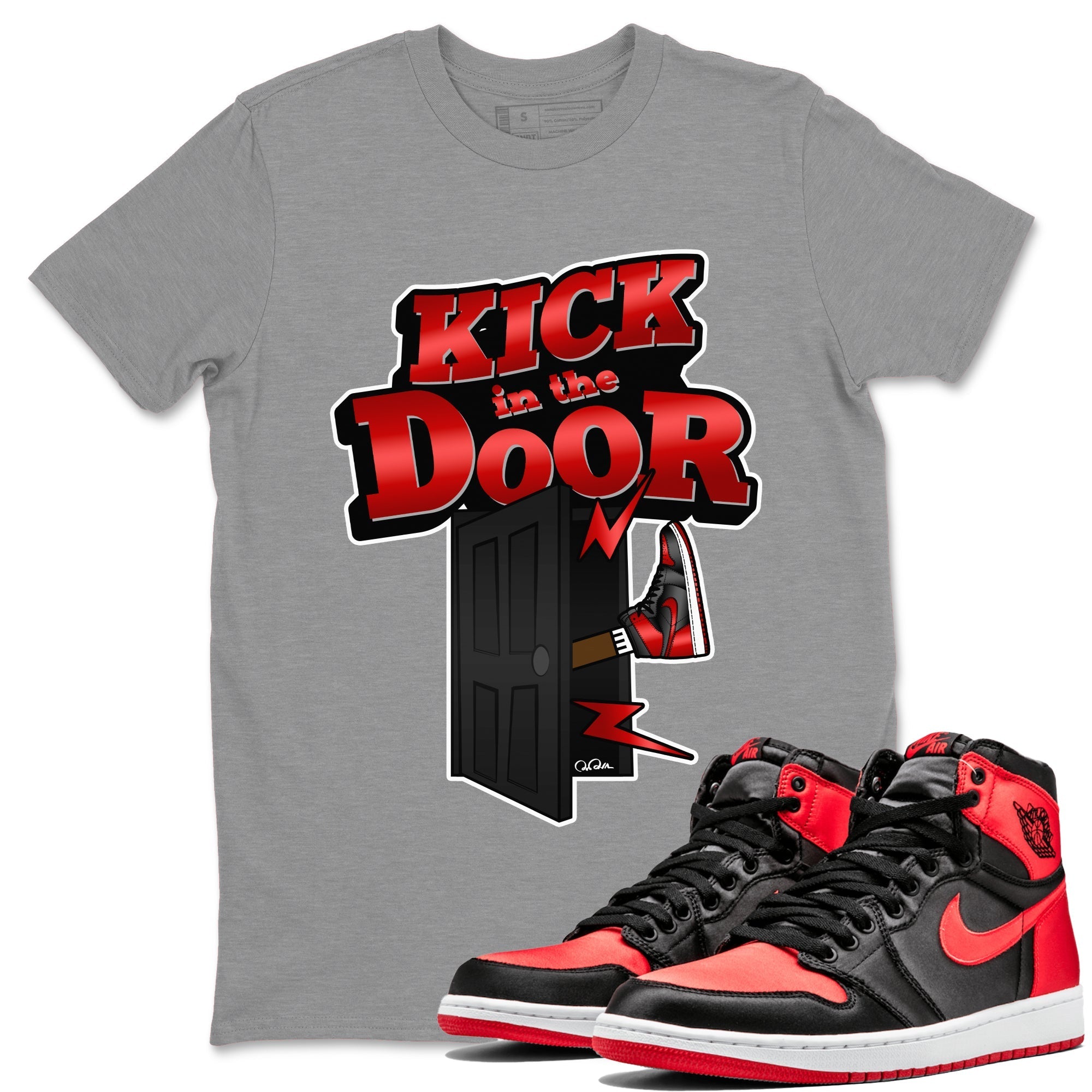 Air Jordan 1 Satin Bred Sneaker Match Tees Kick In The Door Streetwear Sneaker Shirt AJ1 Satin Bred Sneaker Release Tees Unisex Shirts Heather Grey 1