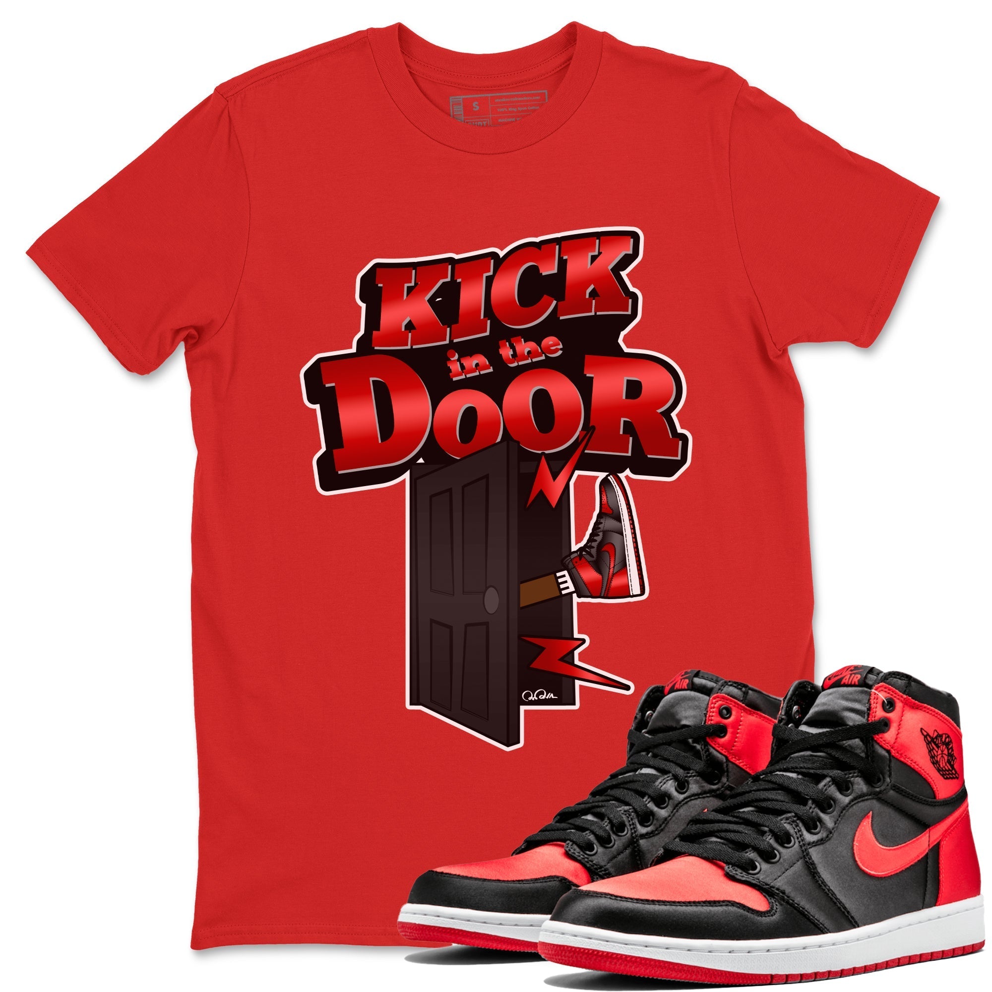 Air Jordan 1 Satin Bred Sneaker Match Tees Kick In The Door Streetwear Sneaker Shirt AJ1 Satin Bred Sneaker Release Tees Unisex Shirts Red 1