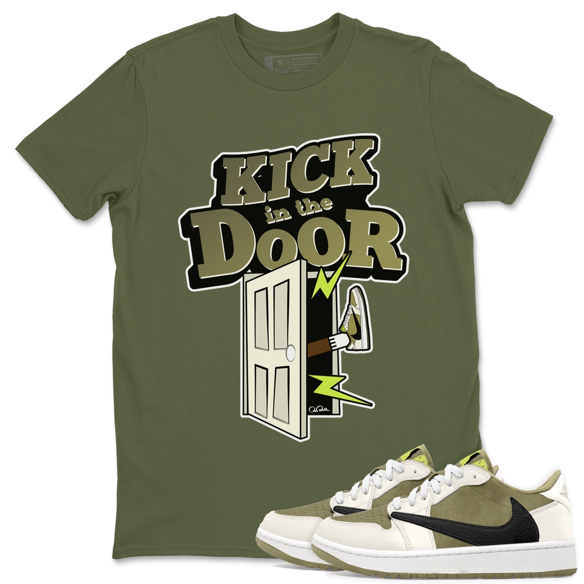 Air Jordan 1 Travis Scott Golf shirt to match jordans Kick In The Door Streetwear Sneaker Shirt AJ1 lowTravis Scott Golf Drip Gear Zone Sneaker Matching Clothing Unisex Military Green 1 T-Shirt