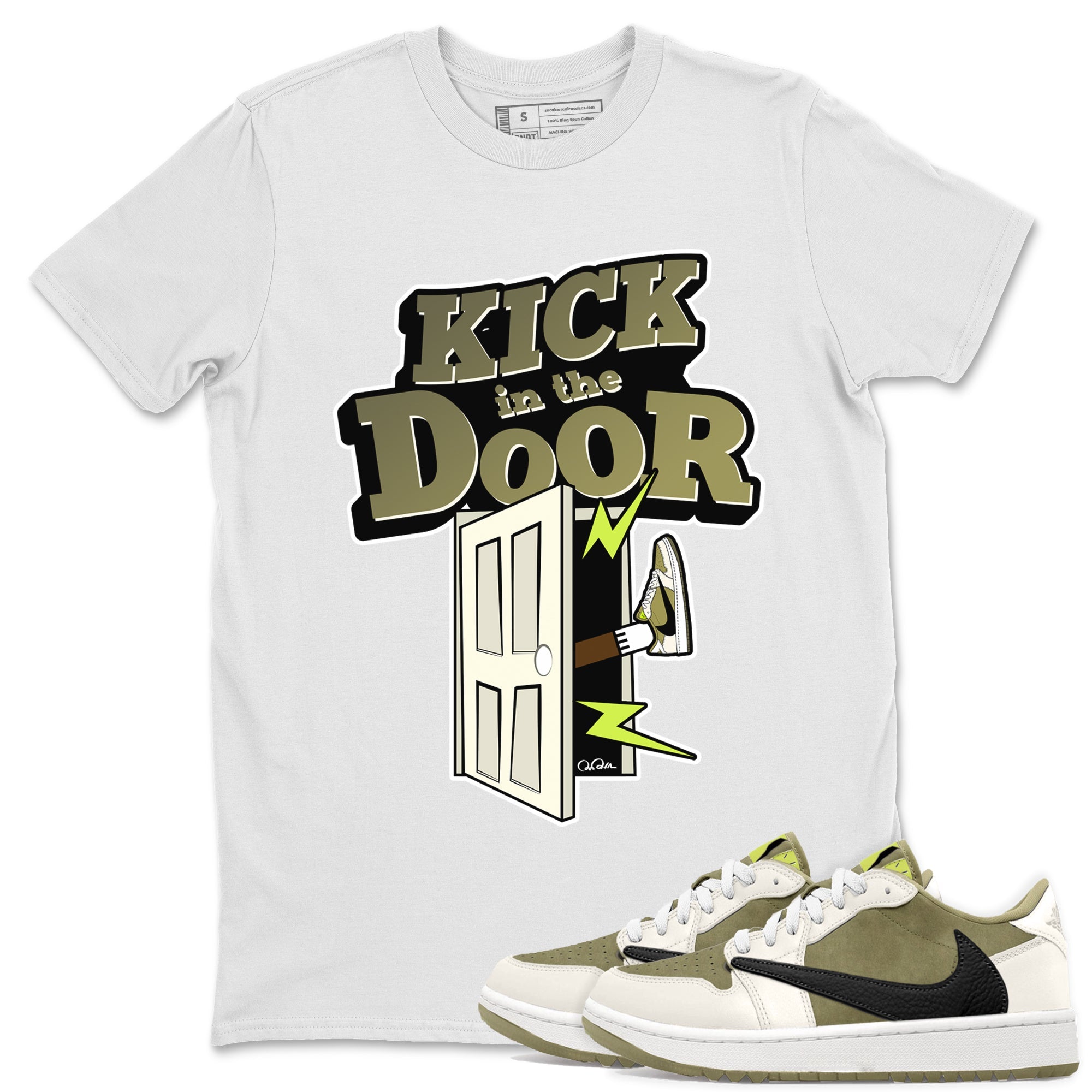 Air Jordan 1 Travis Scott Golf shirt to match jordans Kick In The Door Streetwear Sneaker Shirt AJ1 lowTravis Scott Golf Drip Gear Zone Sneaker Matching Clothing Unisex White 1 T-Shirt
