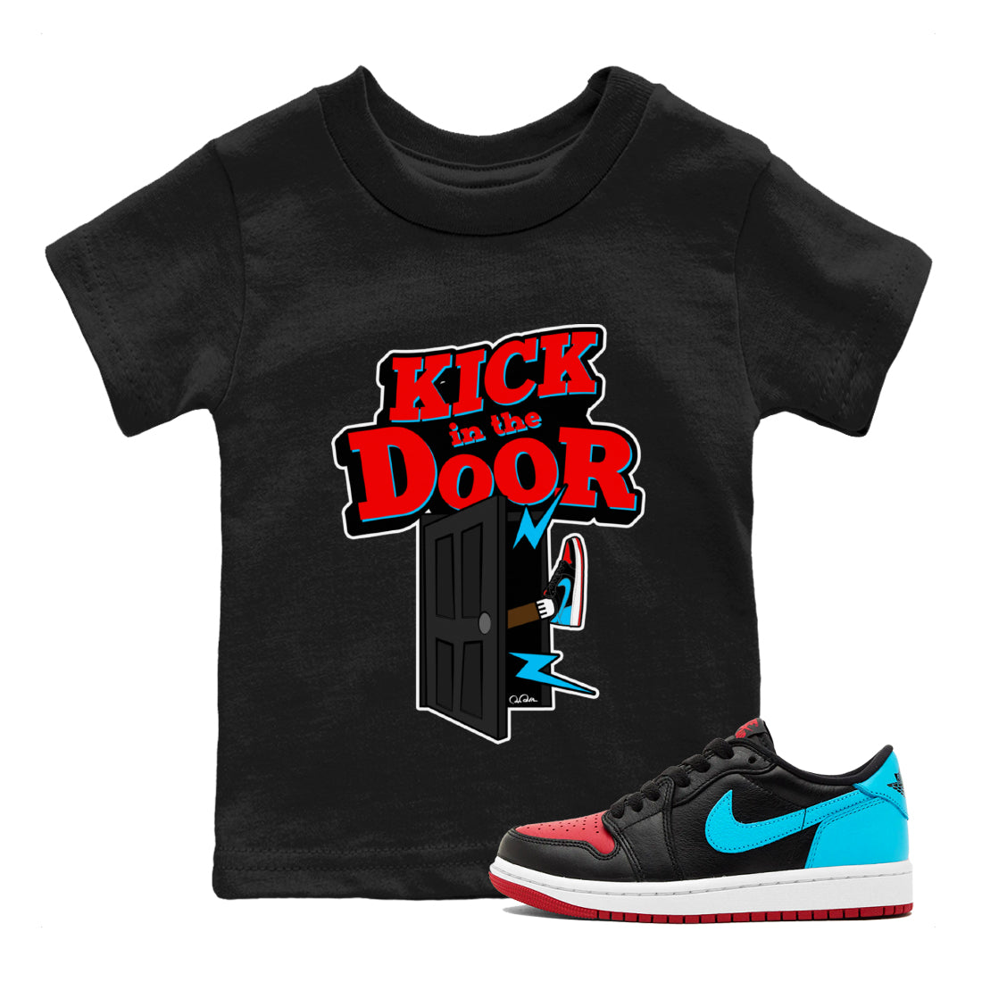 Air Jordan 1 UNC to Chicago Sneaker Match Tees Kick In The Door Streetwear Sneaker Shirt AJ1 UNC to Chicago Sneaker Release Tees Kids Shirts Black 1