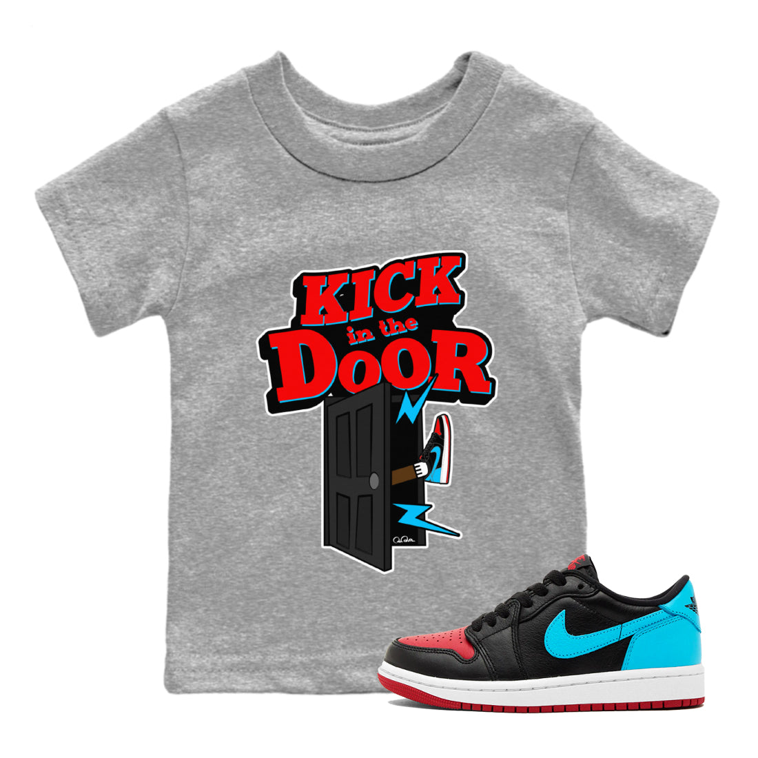 Air Jordan 1 UNC to Chicago Sneaker Match Tees Kick In The Door Streetwear Sneaker Shirt AJ1 UNC to Chicago Sneaker Release Tees Kids Shirts Heather Grey 1