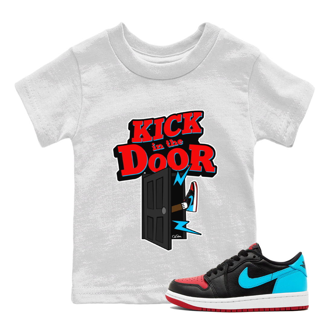 Air Jordan 1 UNC to Chicago Sneaker Match Tees Kick In The Door Streetwear Sneaker Shirt AJ1 UNC to Chicago Sneaker Release Tees Kids Shirts White 1