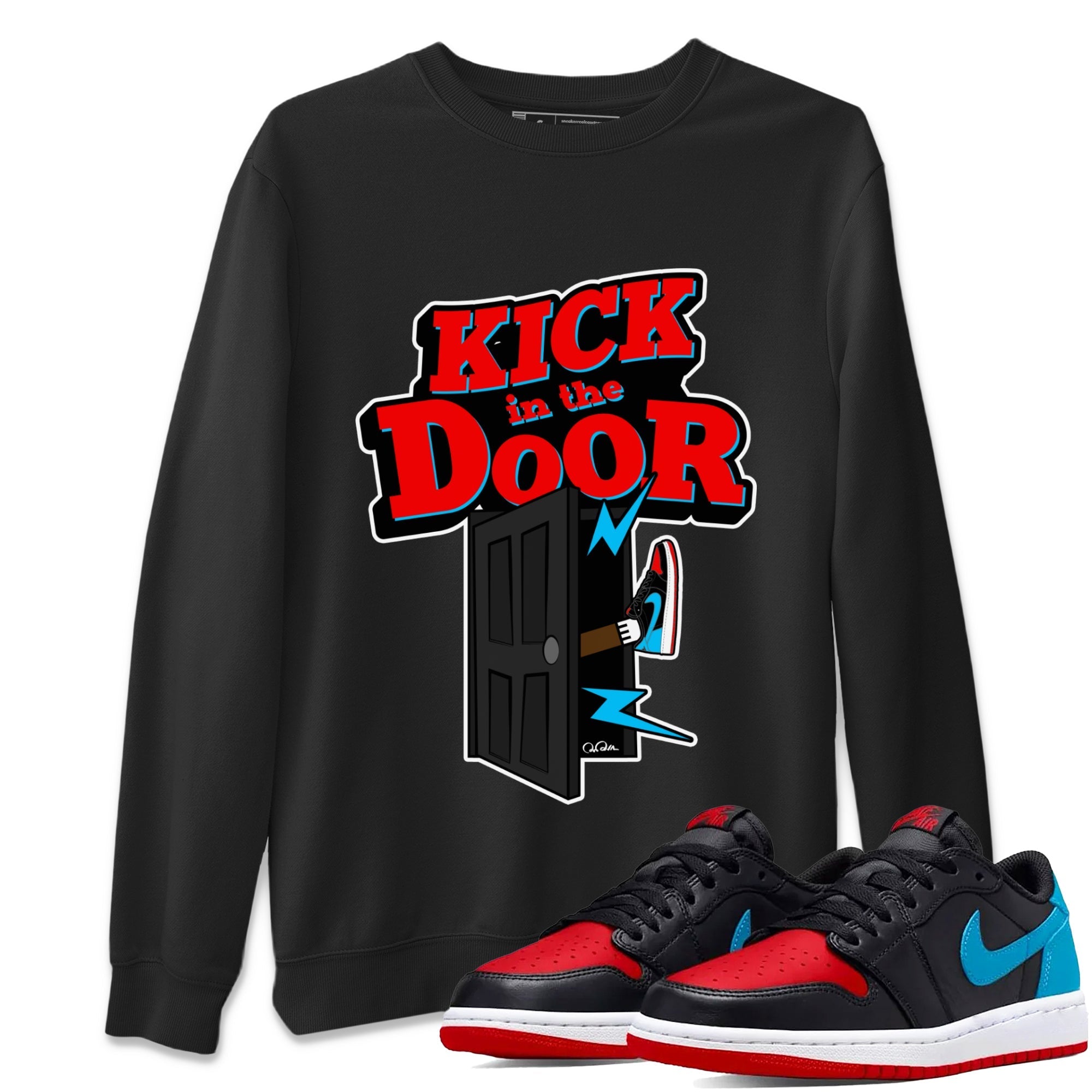 Air Jordan 1 UNC to Chicago Sneaker Match Tees Kick In The Door Streetwear Sneaker Shirt AJ1 UNC to Chicago Sneaker Release Tees Unisex Shirts Black 1