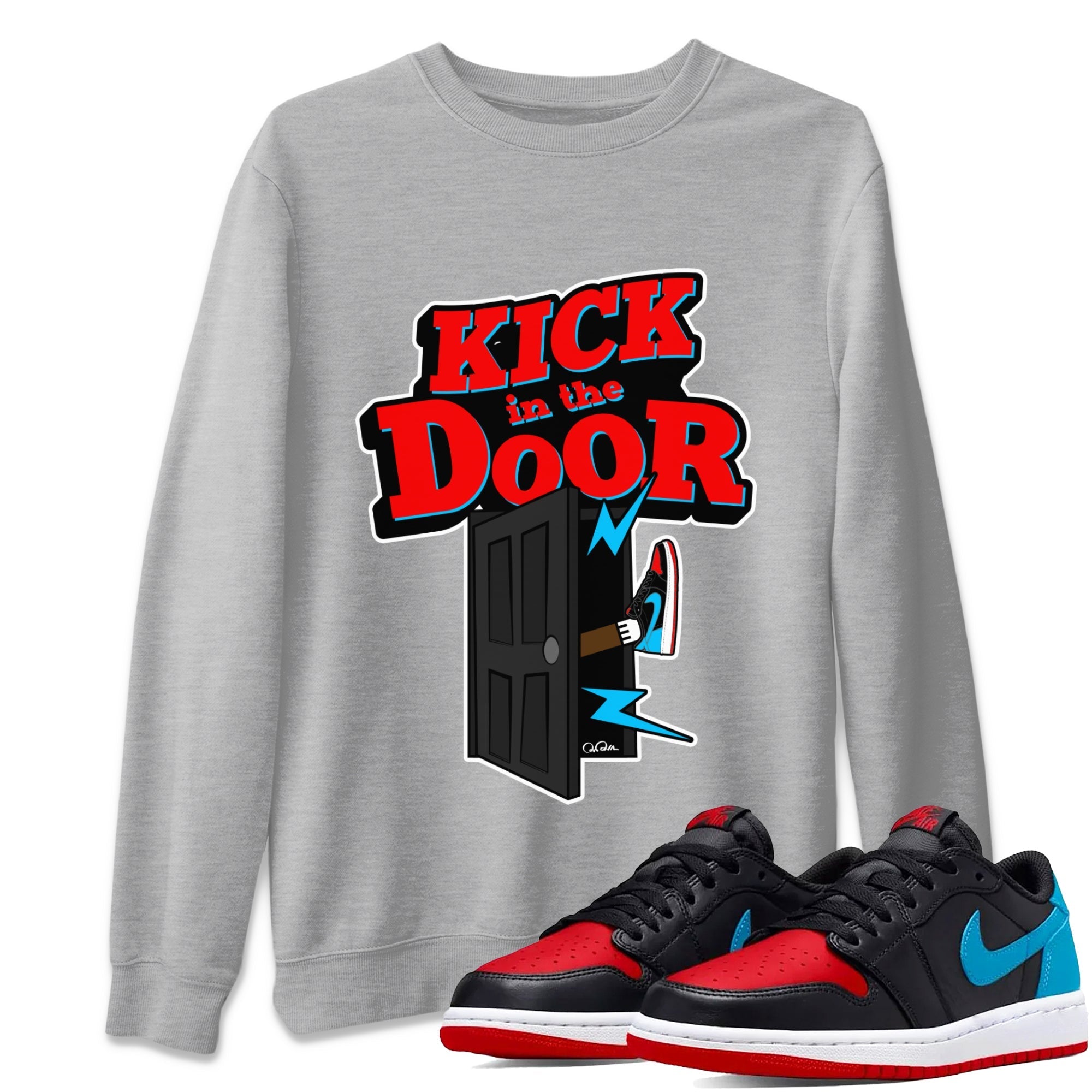 Air Jordan 1 UNC to Chicago Sneaker Match Tees Kick In The Door Streetwear Sneaker Shirt AJ1 UNC to Chicago Sneaker Release Tees Unisex Shirts Heather Grey 1