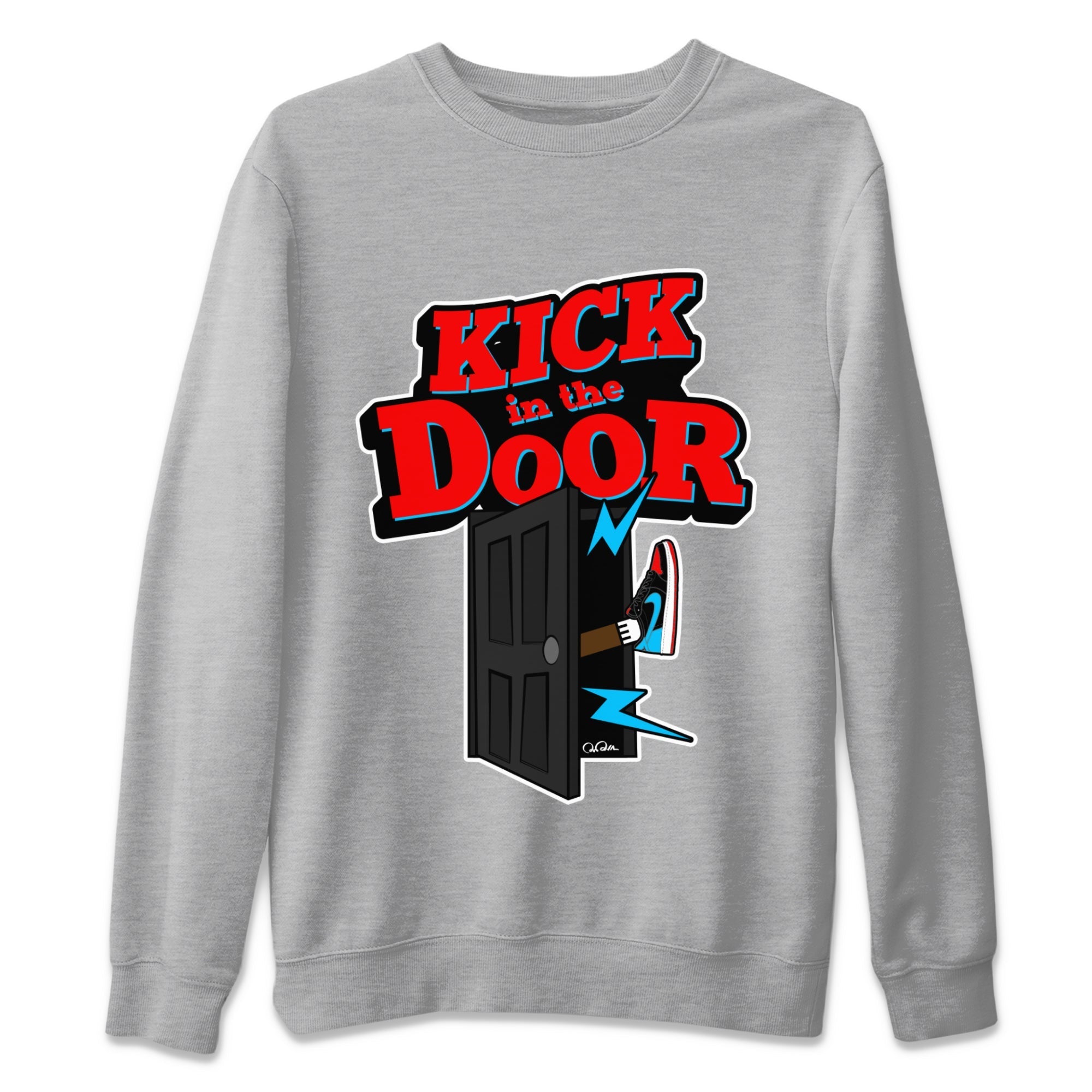 Air Jordan 1 UNC to Chicago Sneaker Match Tees Kick In The Door Streetwear Sneaker Shirt AJ1 UNC to Chicago Sneaker Release Tees Unisex Shirts Heather Grey 2