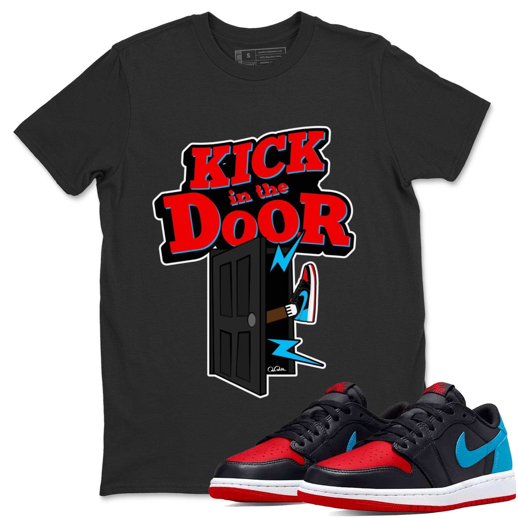 Air Jordan 1 UNC to Chicago Sneaker Match Tees Kick In The Door Streetwear Sneaker Shirt AJ1 UNC to Chicago Sneaker Release Tees Unisex Shirts Black 1