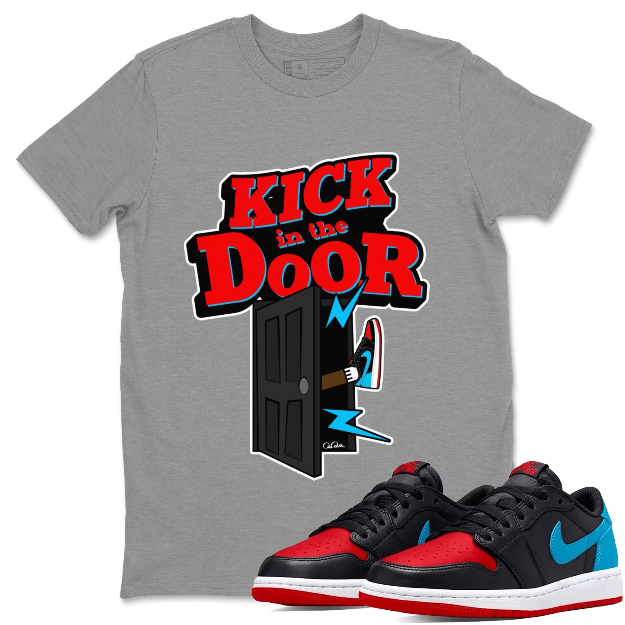 Air Jordan 1 UNC to Chicago Sneaker Match Tees Kick In The Door Streetwear Sneaker Shirt AJ1 UNC to Chicago Sneaker Release Tees Unisex Shirts Heather Grey 1