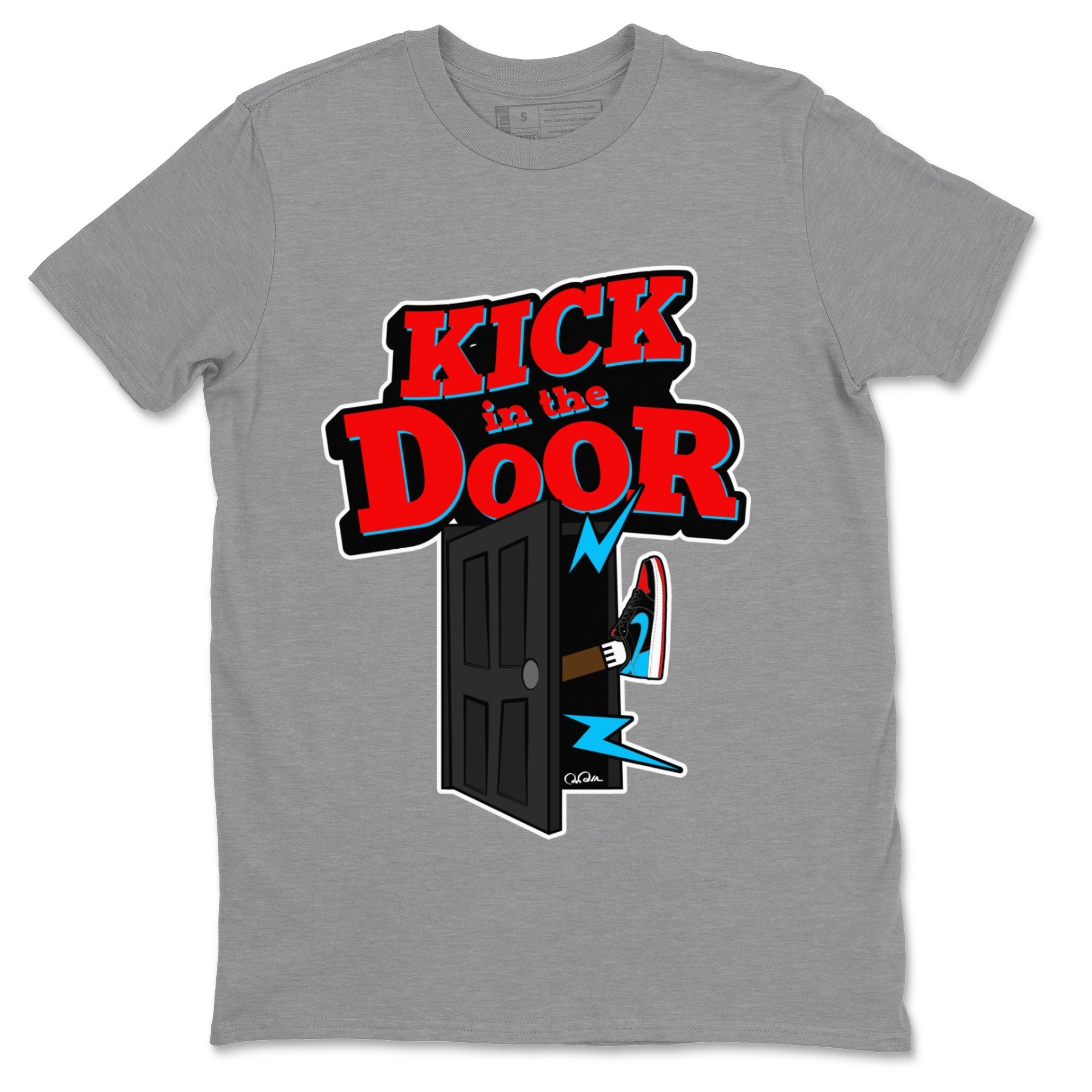 Air Jordan 1 UNC to Chicago Sneaker Match Tees Kick In The Door Streetwear Sneaker Shirt AJ1 UNC to Chicago Sneaker Release Tees Unisex Shirts Heather Grey 2